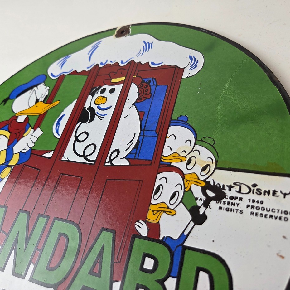 Vintage Standard Gasoline Sign – Porcelain Walt Disney Gas Oil Pump Plate Sign