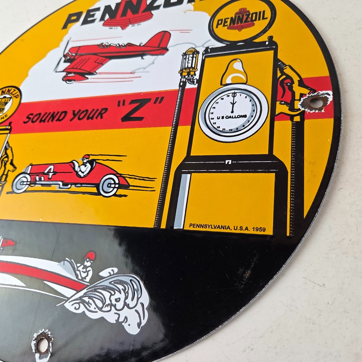 Vintage Pennzoil Sign – Sound Your Z Gas Service Station Pump Porcelain Sign