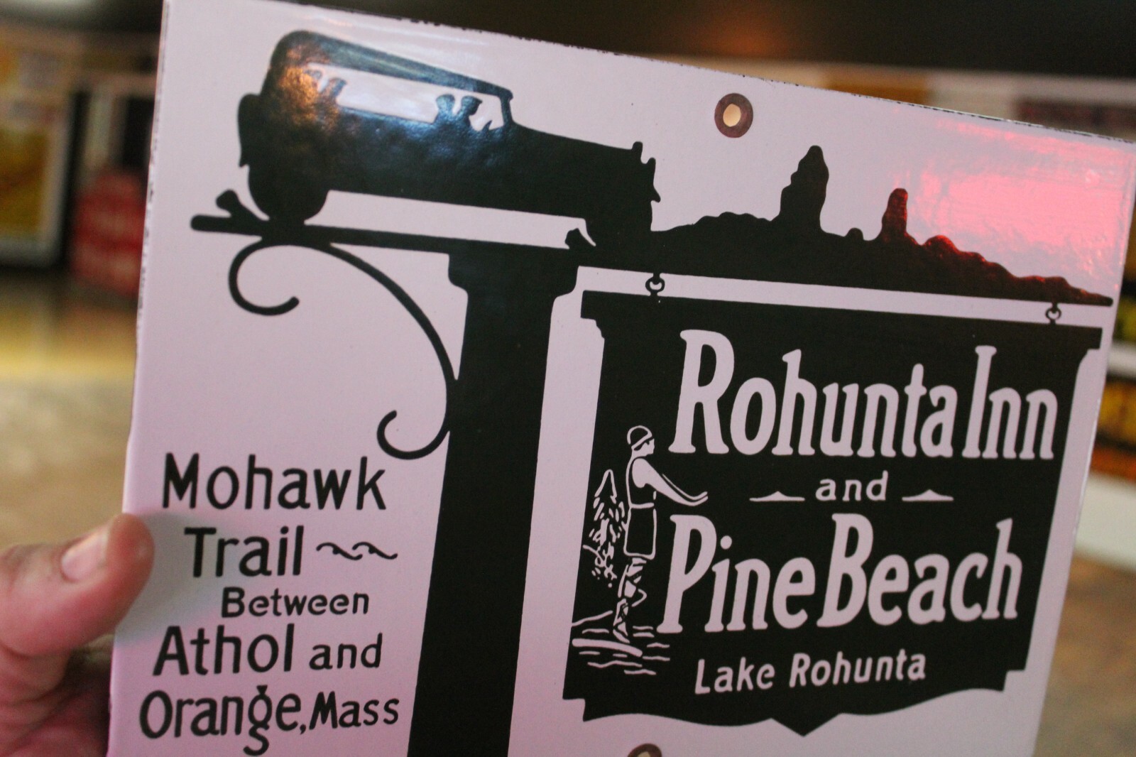 MOHAWK TRAIL PINE BEACH ROHUNTA INN PORCELAIN METAL SIGN MASS GAS OIL CAMPING 66