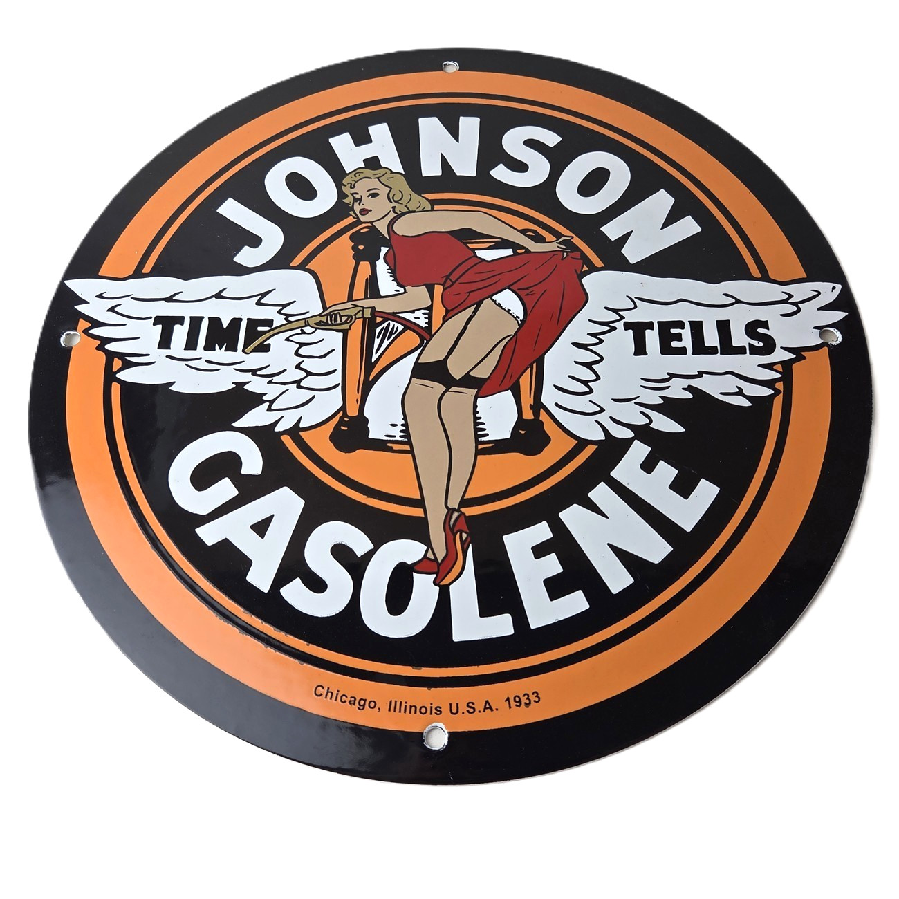 Vintage Johnson Gasoline Sign – Time Tells Gas Oil Pump Plate Porcelain Sign