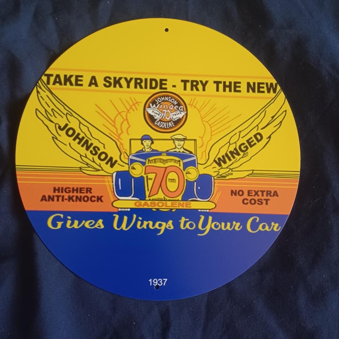 8″ Round Metal Sign Wall Art Man Cave Garage Bar Gas Station Johnson Winged Gas