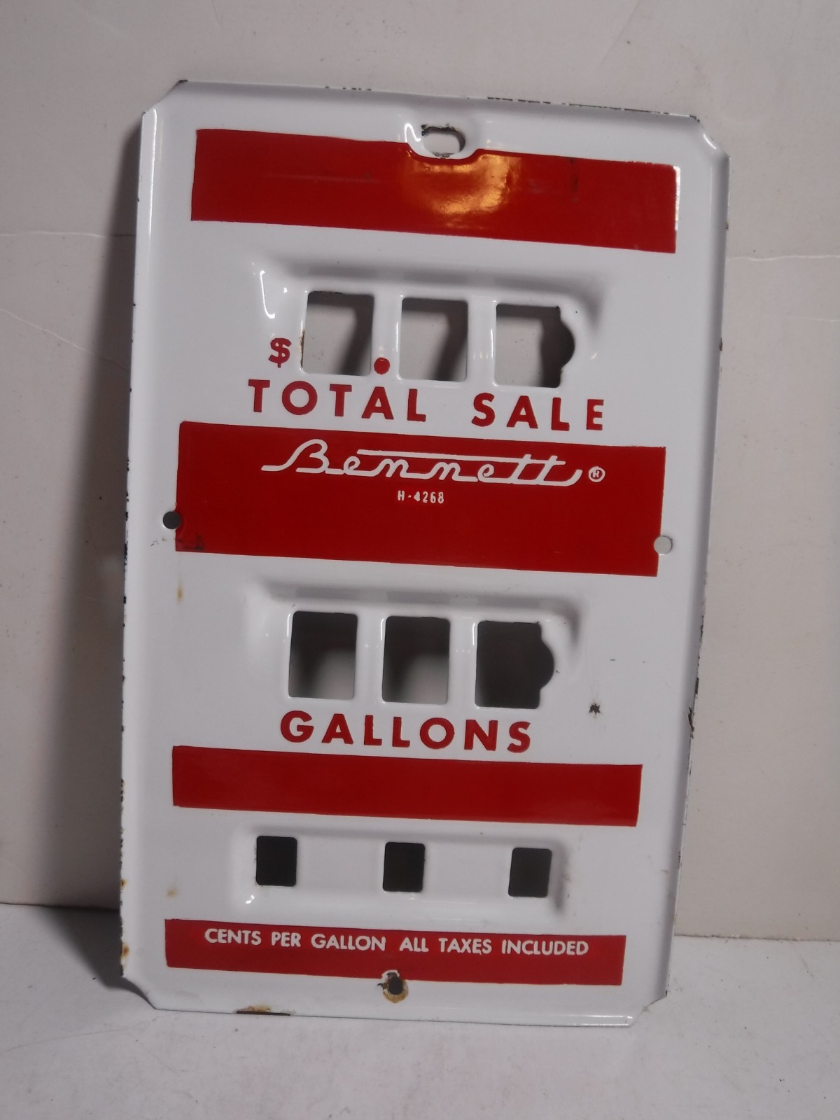 Vintage Bennett Metal Gas Pump Face Plate 6 3/4 x 11 Red H-4268