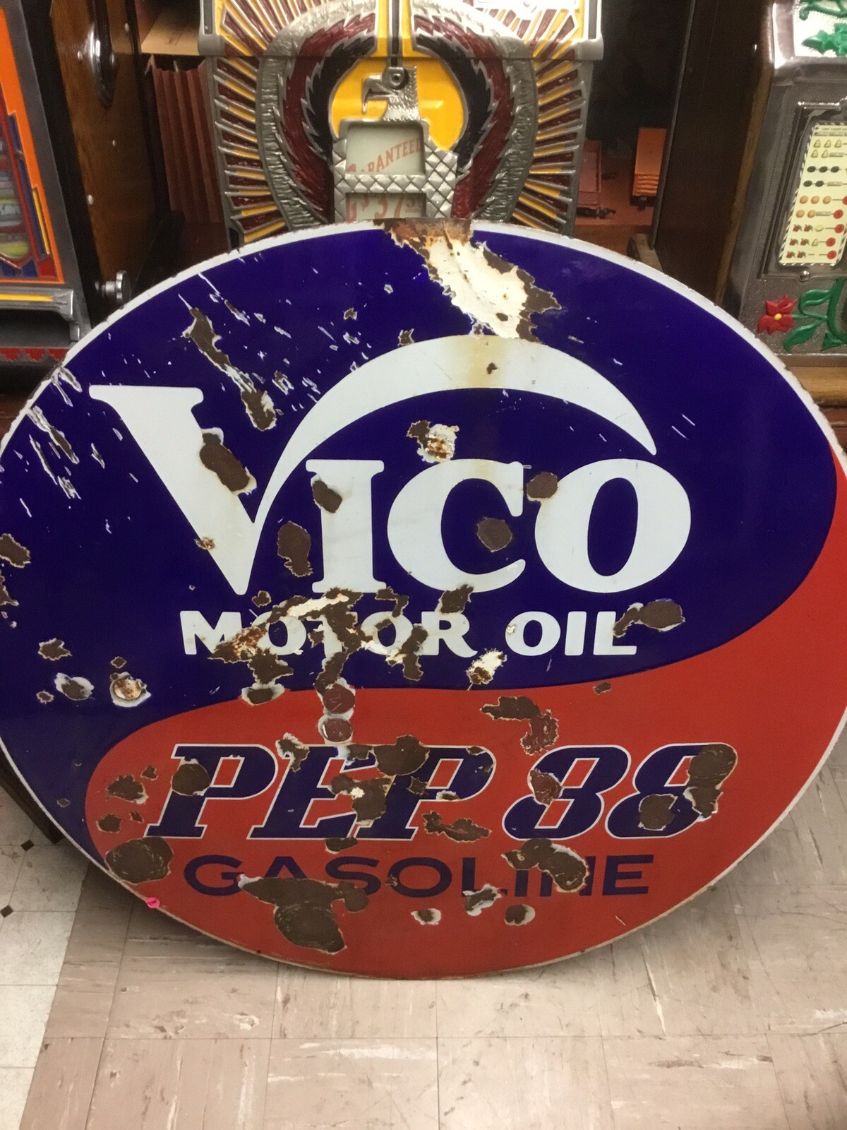 Ultra Rare 1930s 40s Vico Pep88 Gasoline Double Sided Porcelain Sign 42 inches.