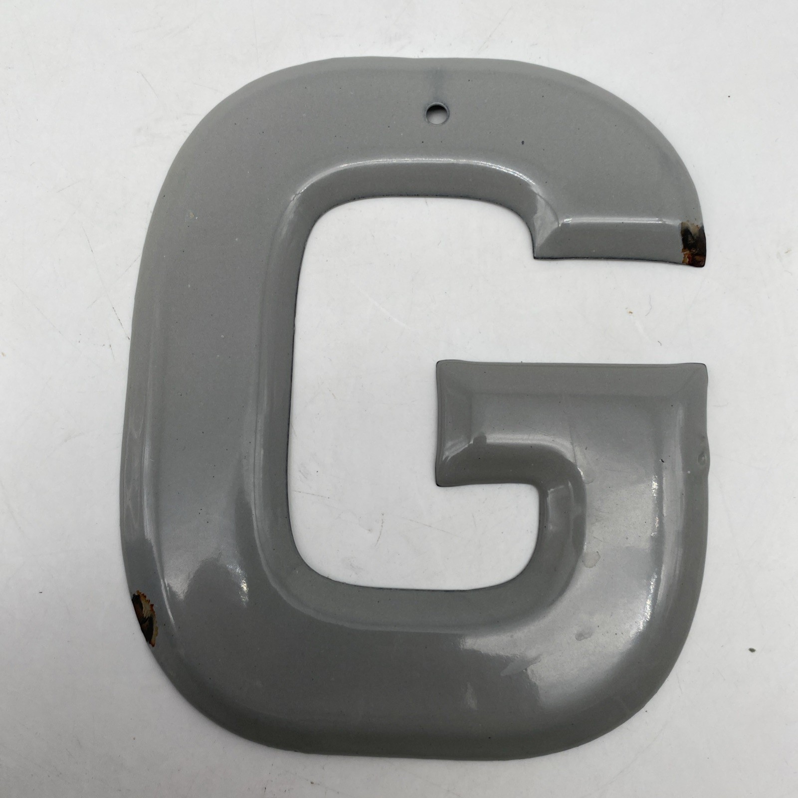 Vintage gray Porcelain Letter “G” Metal enamel 5.75” 5 3/4” grey