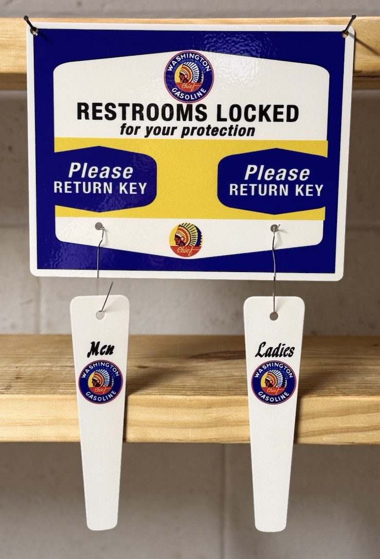 WASHINGTON GASOLINE RESTROOMS KEY HANGER WITH FOBS GAS OIL GARAGE STATION SIGN