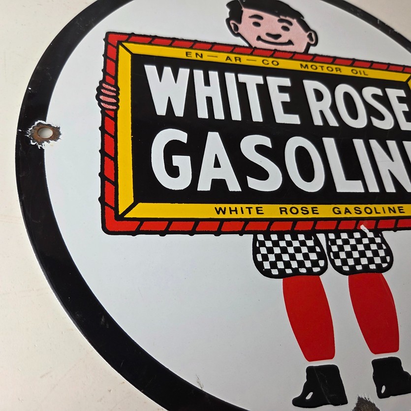 Vintage White Rose Gasoline Sign – En Ar Co Motor Oil Gas Station Pump Sign