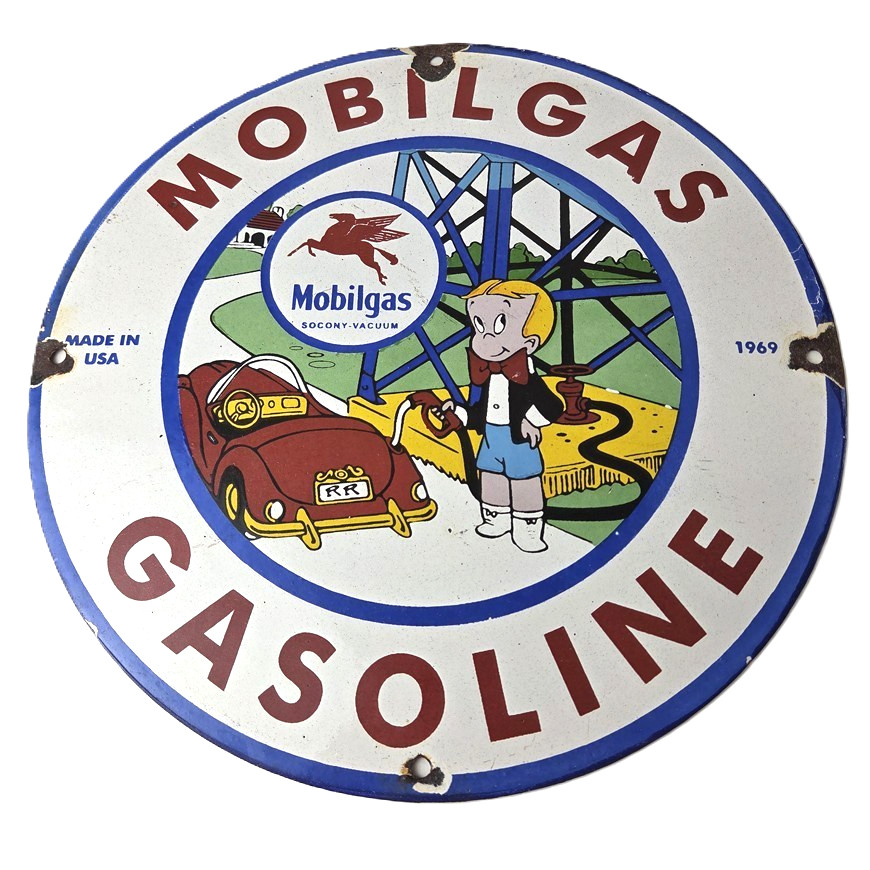 Vintage Mobil Gasoline Sign – Richie Rich Gas Pump Plate Porcelain Sign
