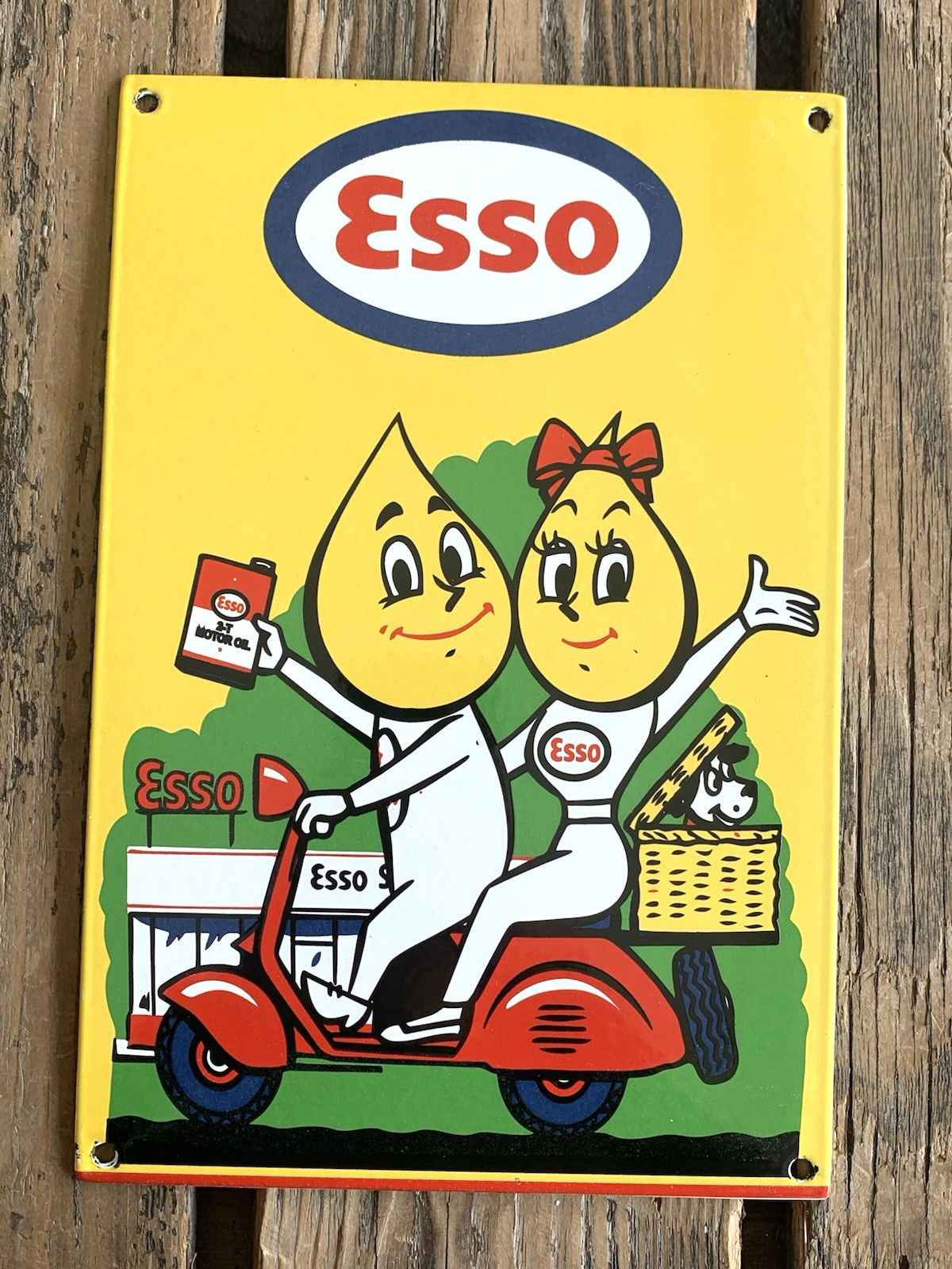 VINTAGE ESSO BOY & GIRL MOPED GASOLINE MOTOR OIL PUMP STATION PORCELAIN SIGN