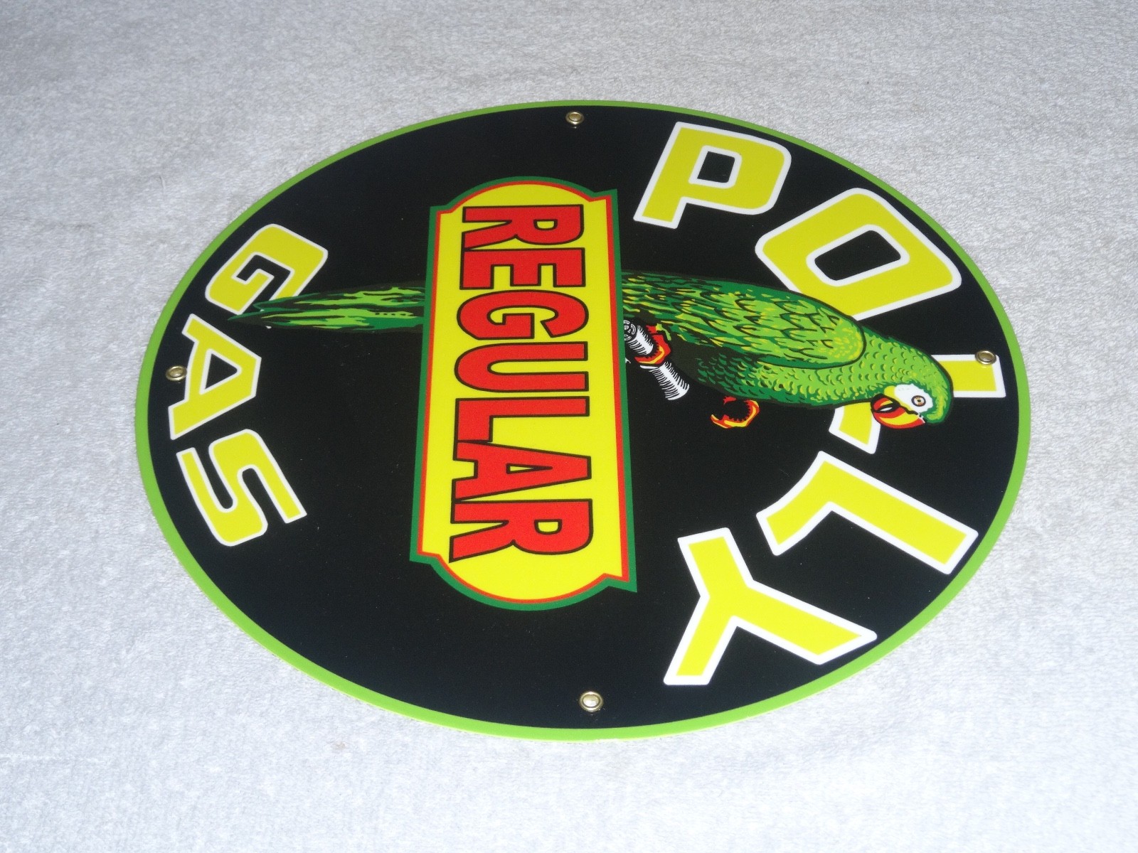VINTAGE POLLY REGULAR GAS PARROT 🦜 11 3/4″ PORCELAIN METAL GASOLINE & OIL SIGN