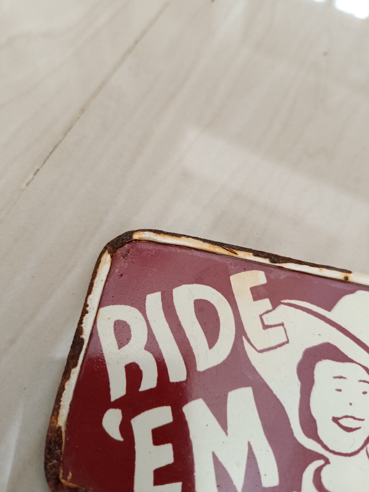 1940’S 1950’S – ” RIDE ‘EM COWBOY ” LICENSE PLATE TOPPER SIGN
