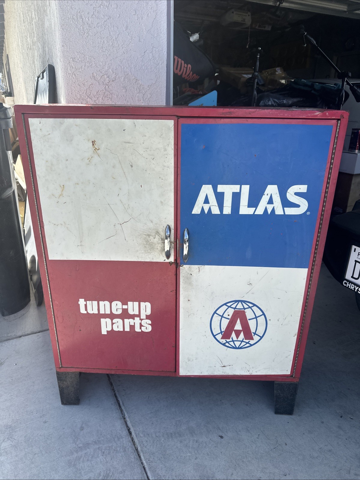 Vintage Atlas Wiper Blades Tune Up Parts Shop Cabinet with Vintage Stickers