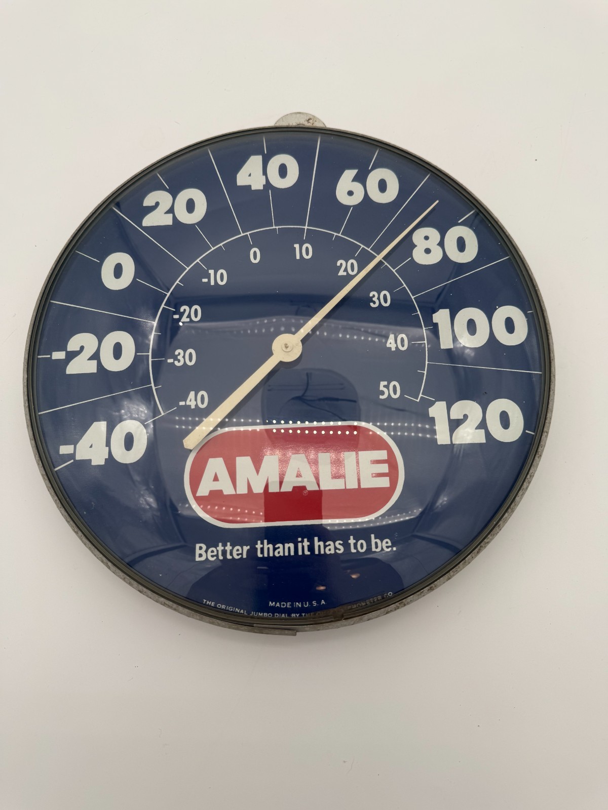 Vintage 12 inch Round Glass Front Amalie Gas Oil thermometer Sign OHIO Jumbo