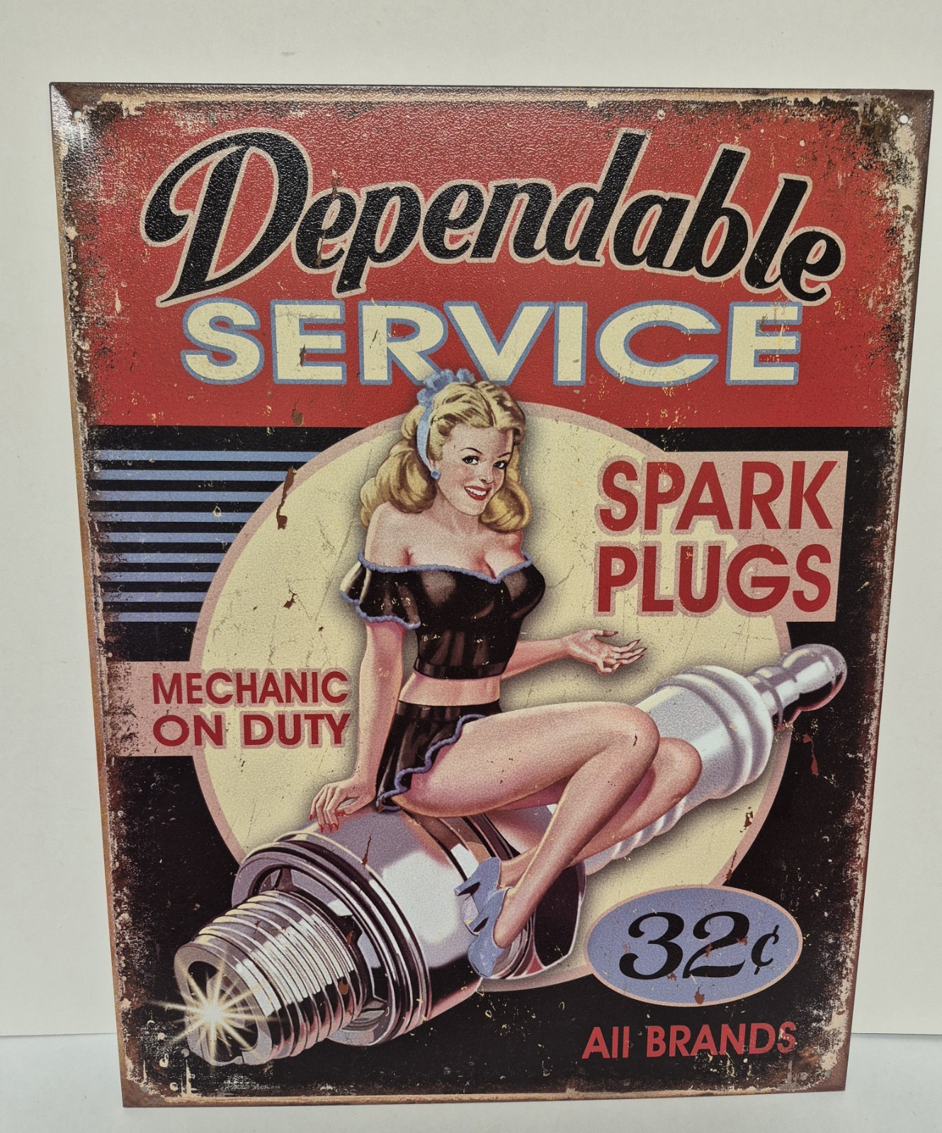 Dependable Service Spark Plugs Vintage Look 16×12.5″Metal Wall Garage Sign.