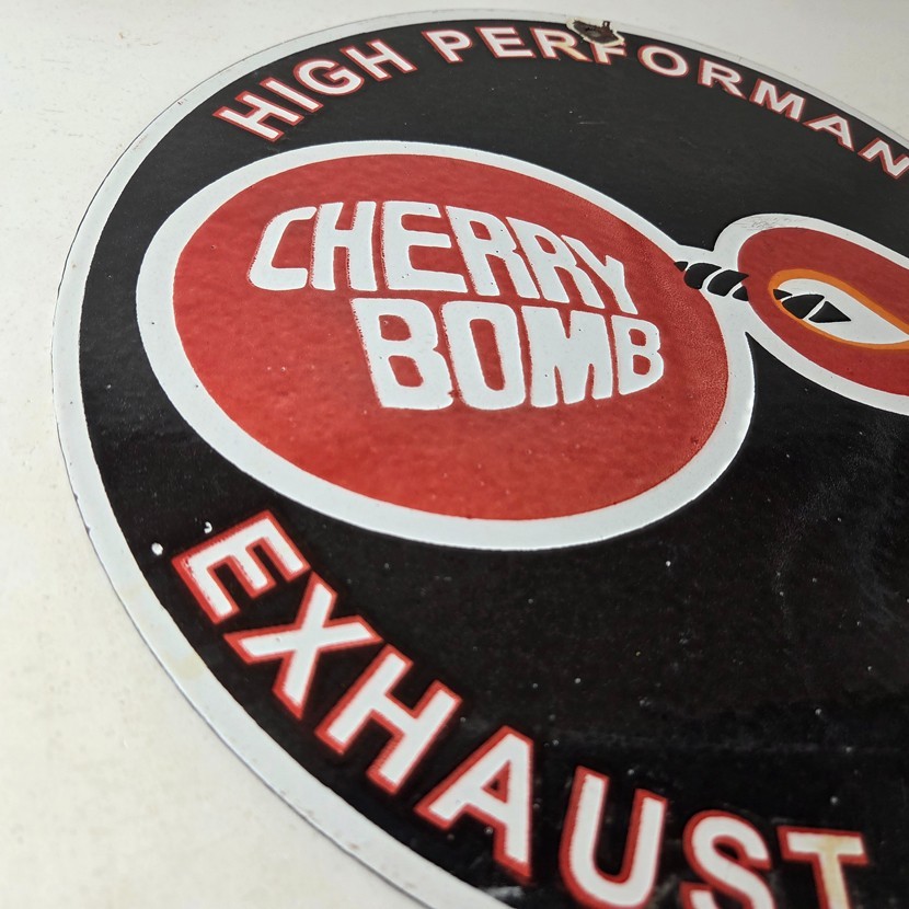 Vintage Cherry Bomb Sign – Auto Mechanic Exhaust Gas Pump Hot Rod Porcelain Sign
