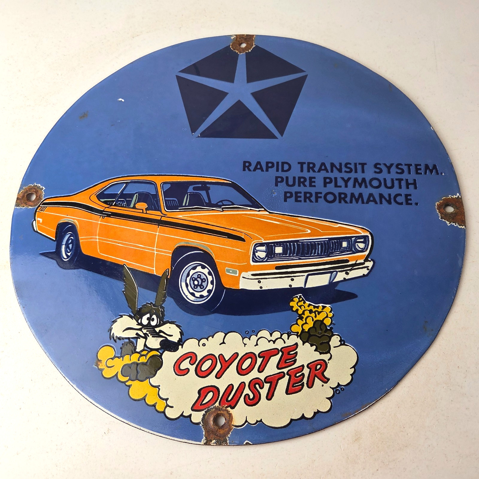 Vintage Plymouth Porcelain Sign – Coyote Duster Auto Shop Gas Station Sign
