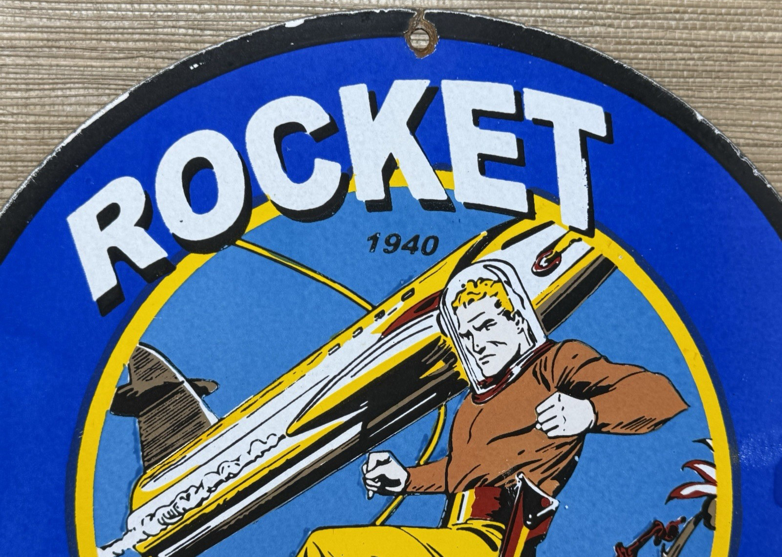 VINTAGE ROCKET MOTOR OIL PORCELAIN SIGN GAS STATION PUMP PLATE DENNIS THE MENACE
