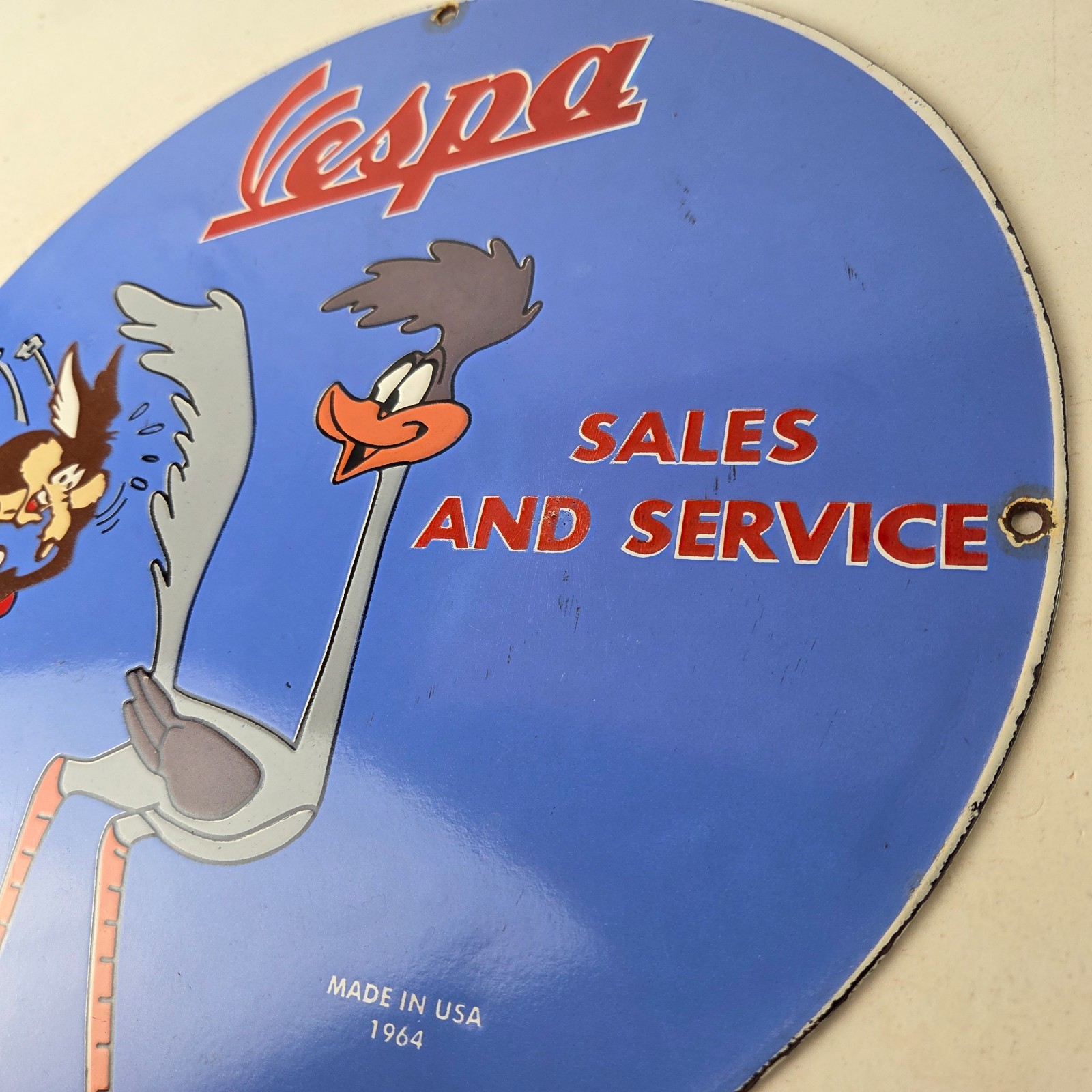 Vintage Vespa Sign – Road Runner Bike Gas Pump Service Station Porcelain Sign