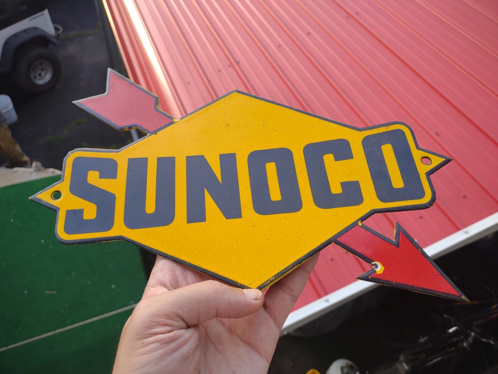 VINTAGE RARE SUNOCO GASOLINE ARROW PORCELAIN METAL SIGN AUTOMOBILE MOTORCYCLE