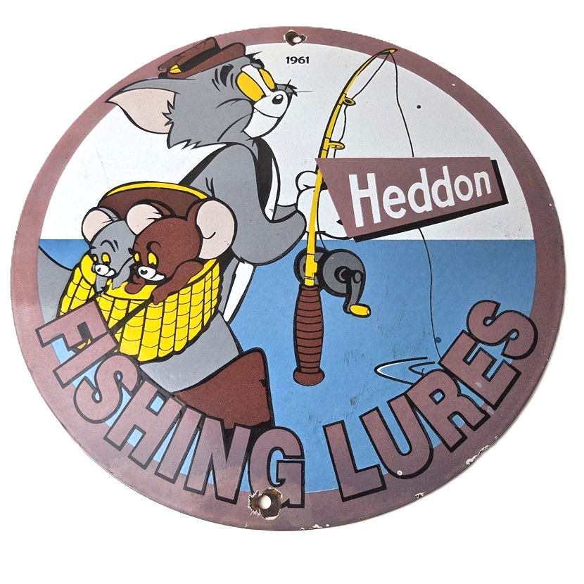Vintage Heddon Fishing Lures Sign – Fish Tackle Gas Advertisement Porcelain Sign