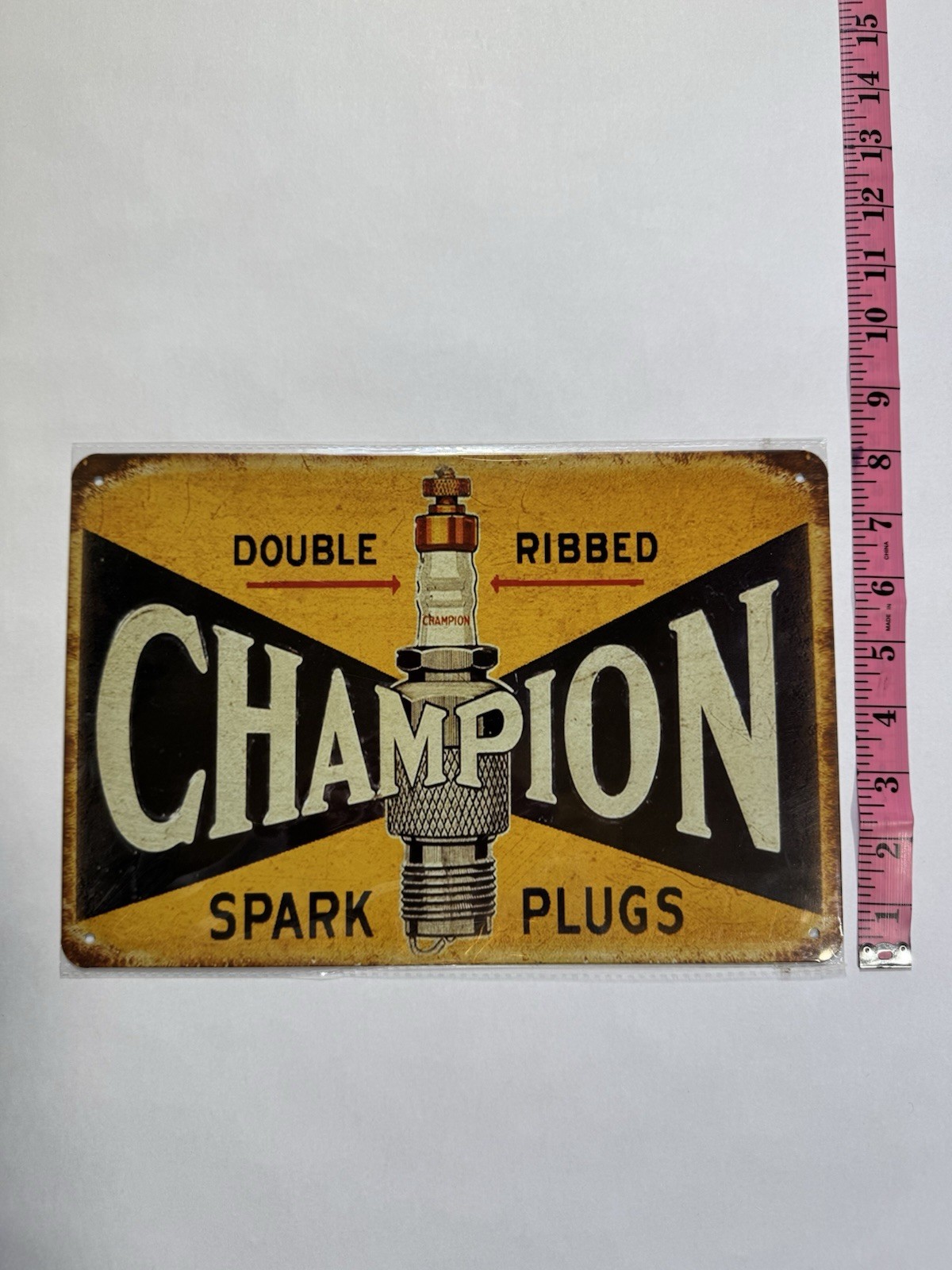 Champion Double Ribbed Spark Plugs Advertising Sign Yellow/Black/White Gas & Oil