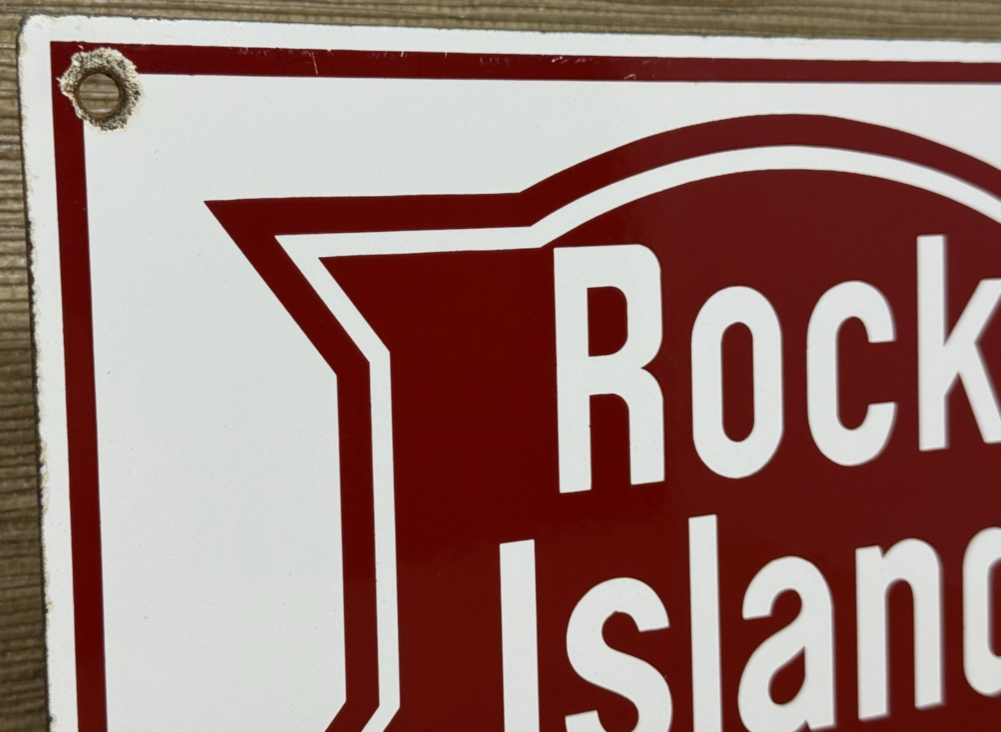 VINTAGE ROCK ISLAND RAILWAY PORCELAIN SIGN GAS OIL TRAIN STATION PUMP PLATE