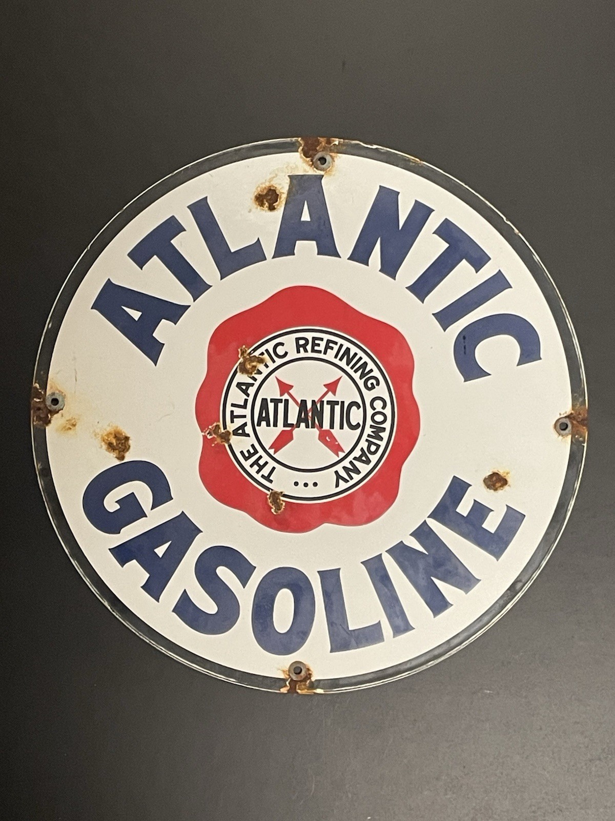 Atlantic Gasoline Porcelain Sign Gas & Oil Pump Plate