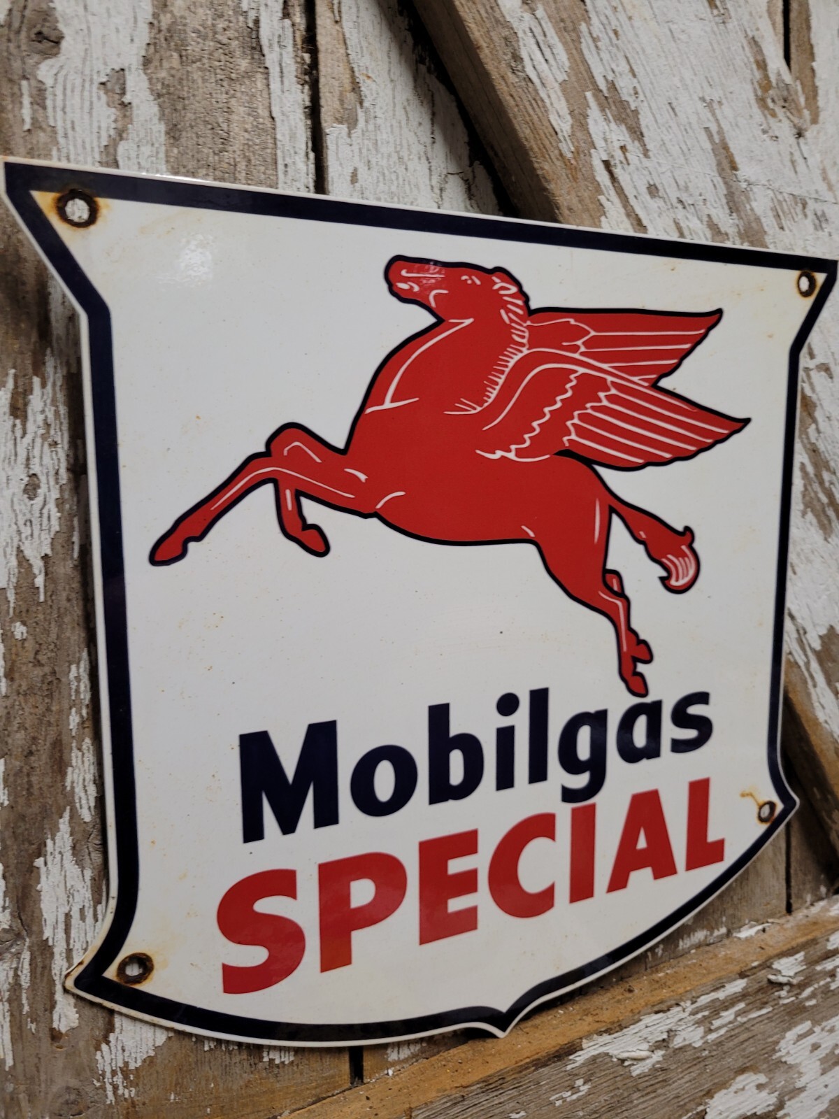 VINTAGE MOBIL PORCELAIN SIGN MOBILGAS SPECIAL DIESEL GAS STATION SHIELD PEGGY