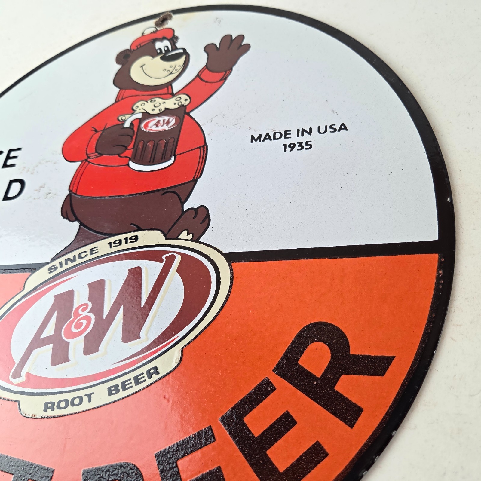 Vintage Root Beer Sign – A&W Beverage Bear Mug Gas Advertising Pump Ad Sign
