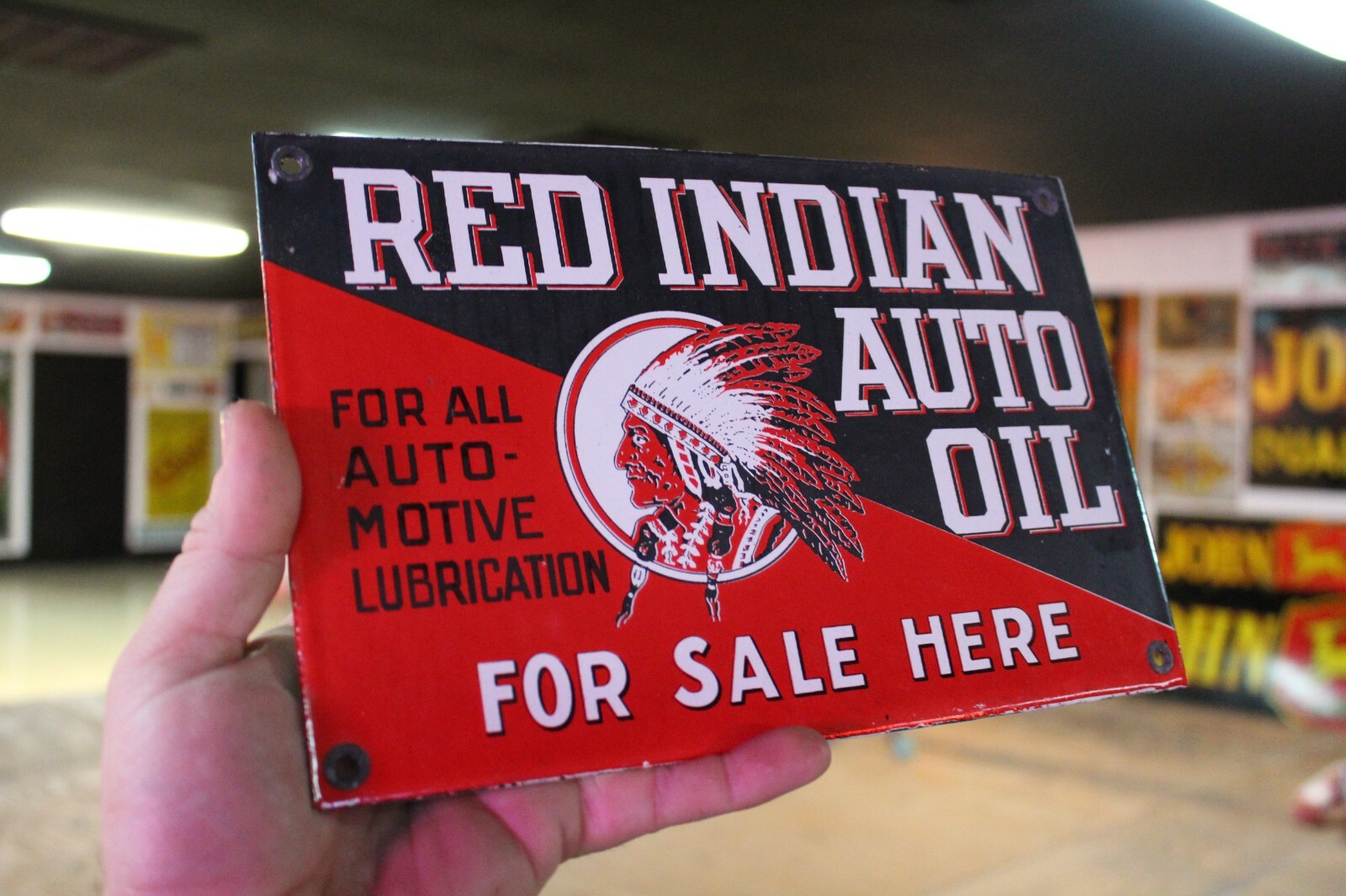 RED INDIAN AUTO OIL SALE HERE DEALER SERVICE GARAGE PORCELAIN METAL SIGN GAS