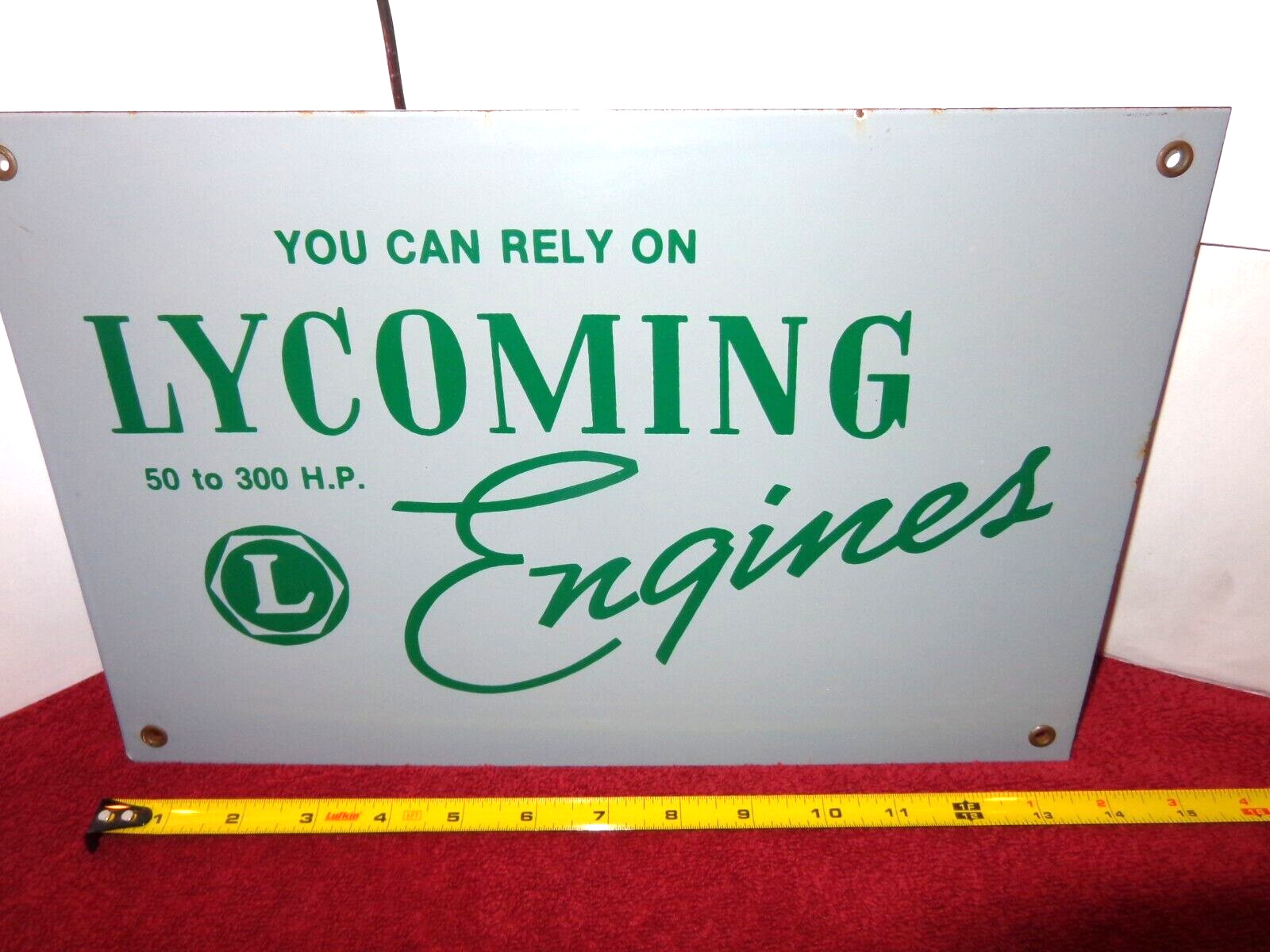 14×9 in LYCOMING ENGINES 50 – 300 H. P. ADV. SIGN HEAVY METAL PORCELAIN – S42 B