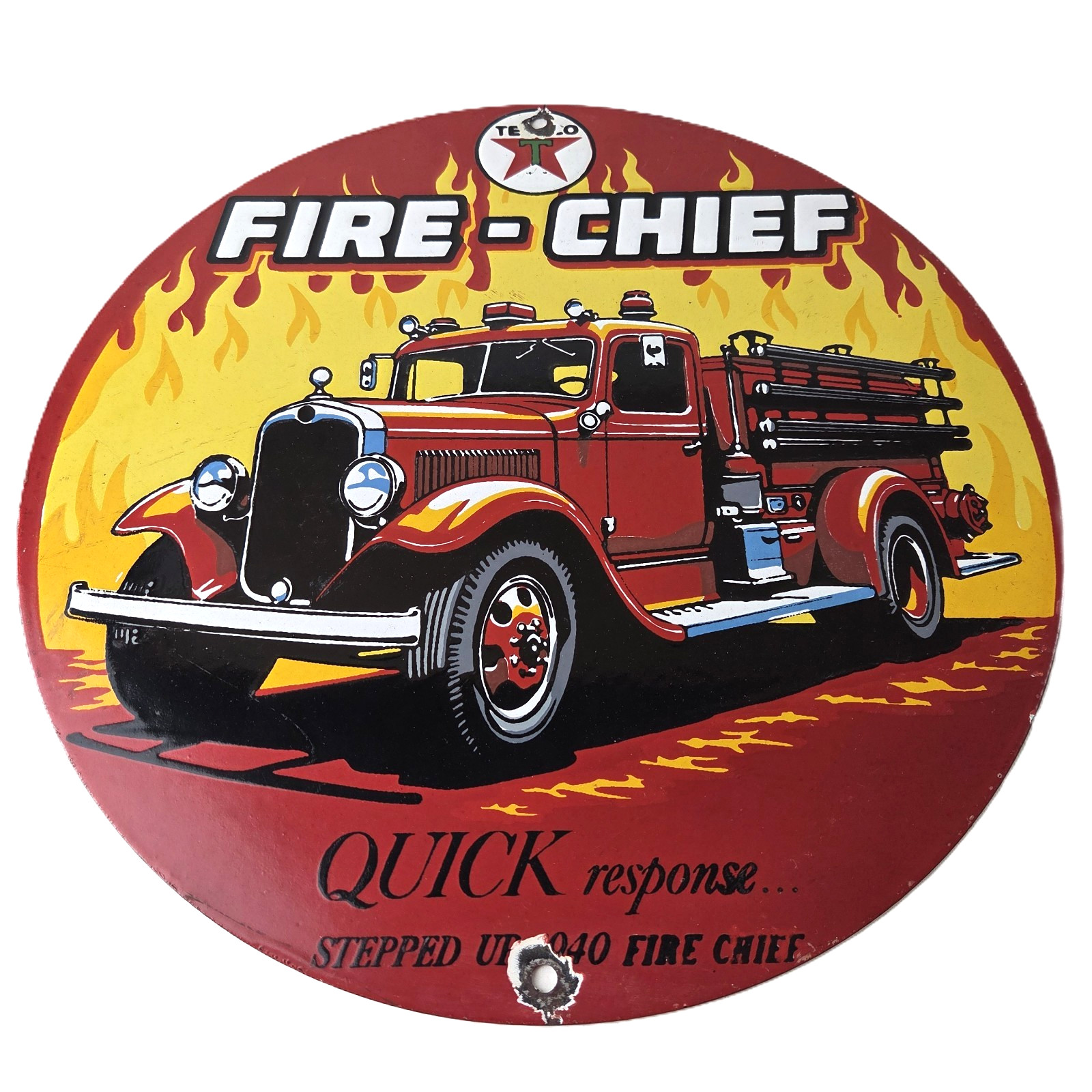 Vintage Texaco Fire-Chief Porcelain Sign – Red Fire Truck Gasoline Sign