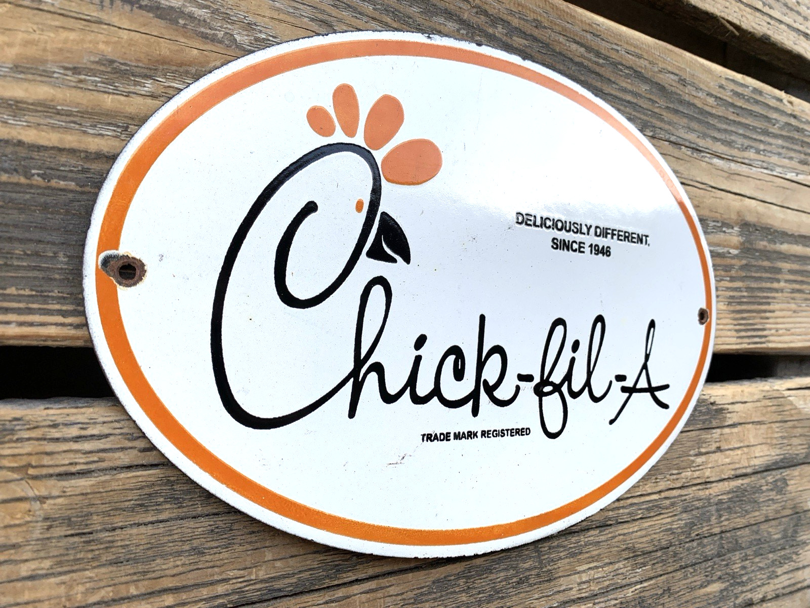 VINTAGE CHICK-FIL-A 10×6.5″ FAST FOOD SODA POP GASOLINE PORCELAIN MOTOR OIL SIGN