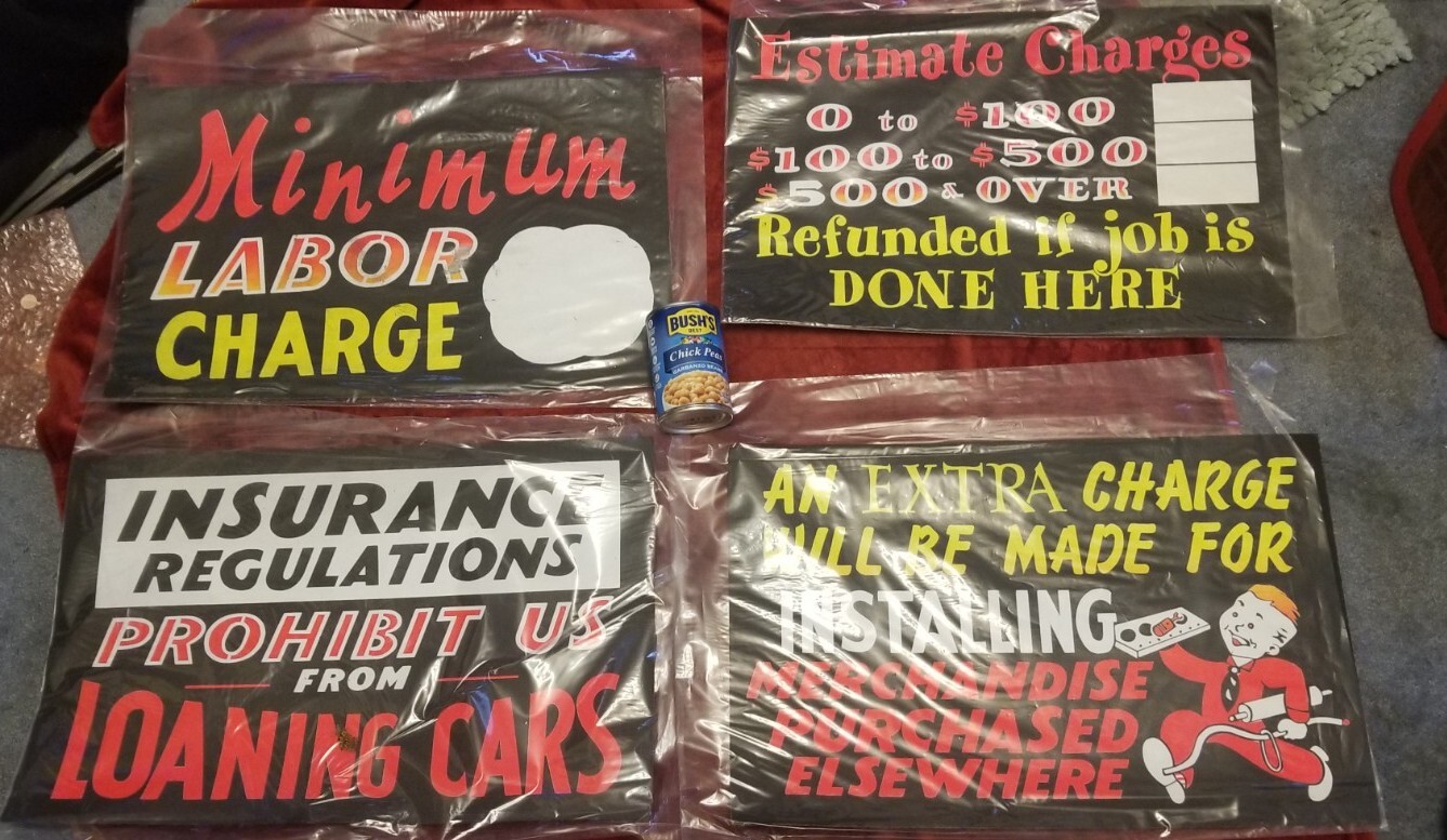 4 Vintage Repair Shop Rates Signs Garage Repair Mechanic Gas 14″ X 22″ Cardboard