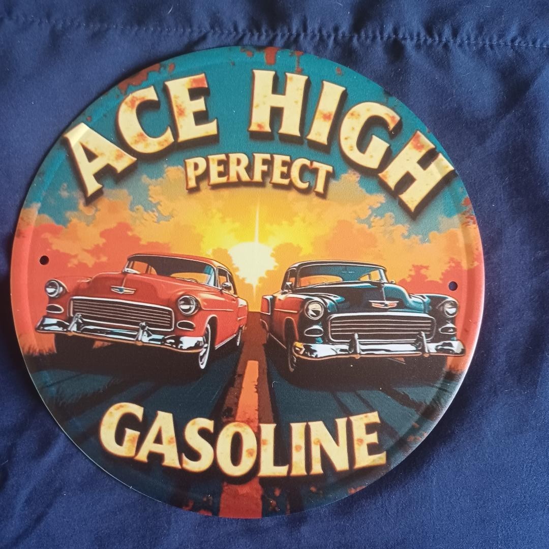 Ace High Round 8″ Metal Sign Wall Art Man Cave Garage Bar Gas Station Gas Oil