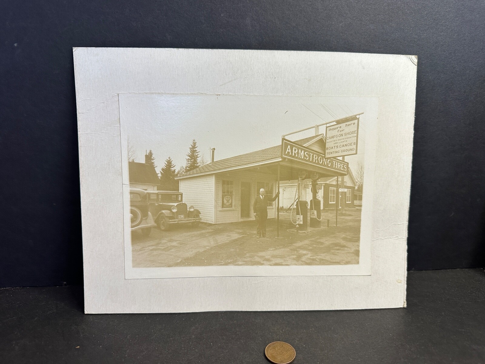 Vintage Photo Socony Gargoyle Gas Station, ME 1933, Armstrong Tires, Mobil, NRA