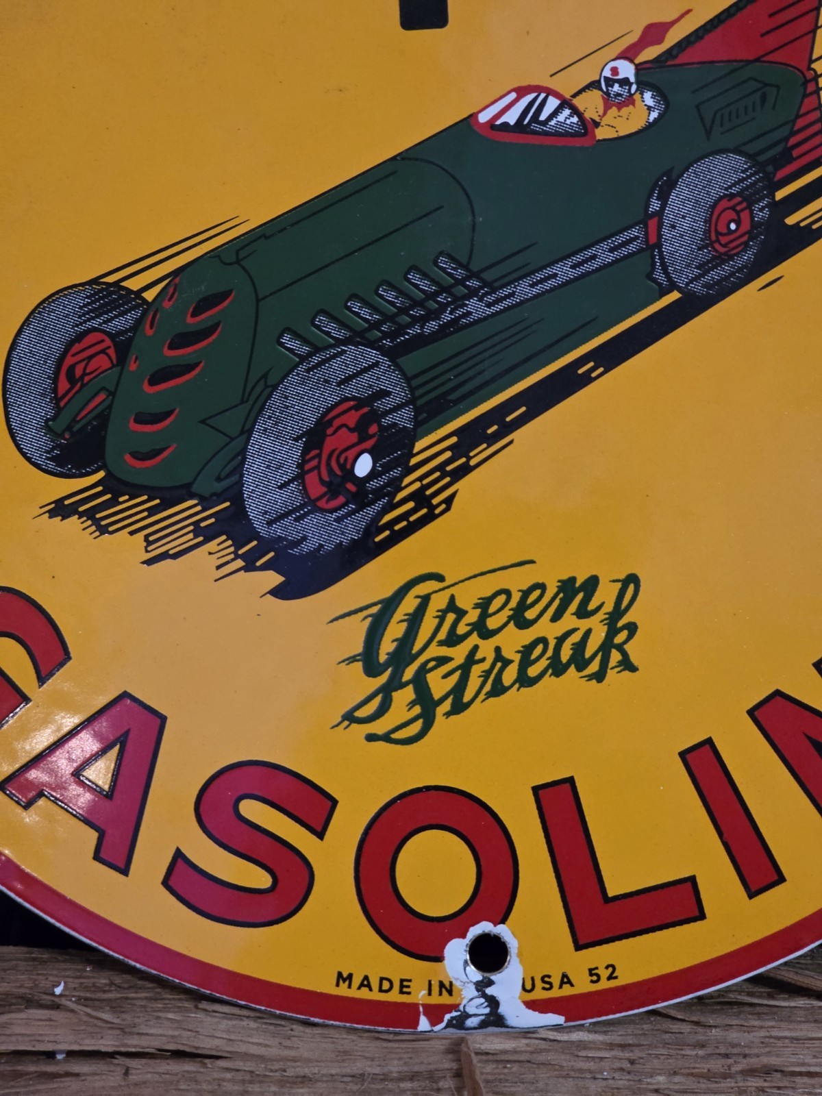 VINTAGE SHELL GASOLINE GREEN STREAK PORCELAIN SIGN RACE CAR MOTOR OIL 10″