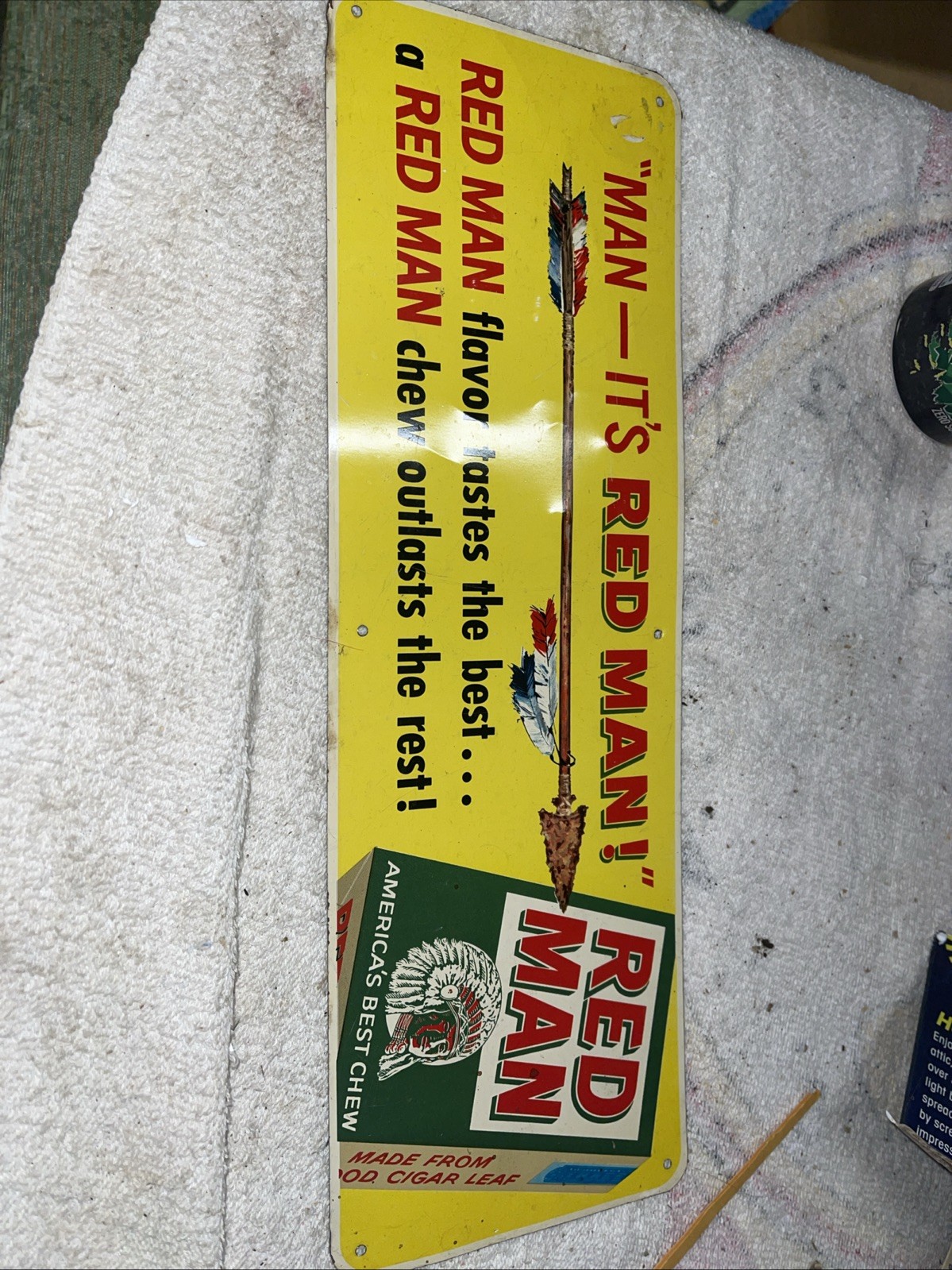 Red Man Chewing Tobacco Sign Vintage 1950s 60s 15″ Metal Gas Station Advertising