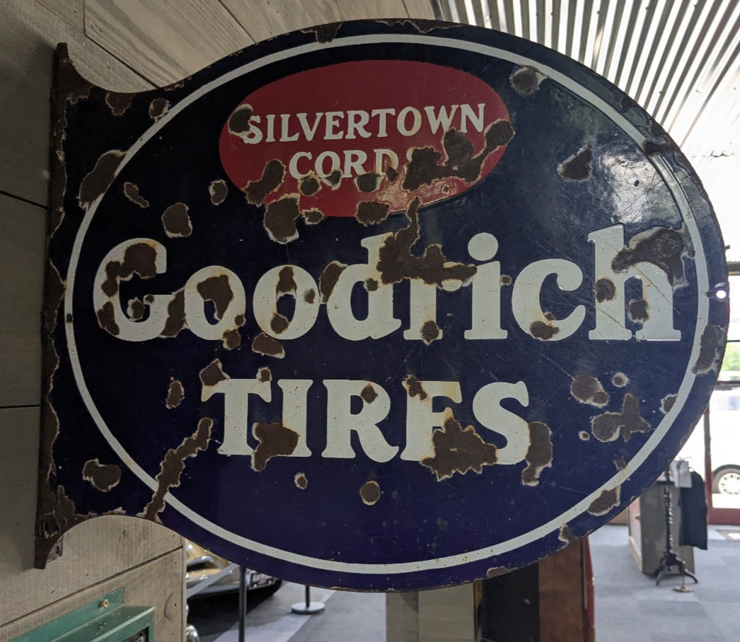 VTG Metal Goodrich Tires Silvertown Cords Blue Red Advertising flange Mount Sign