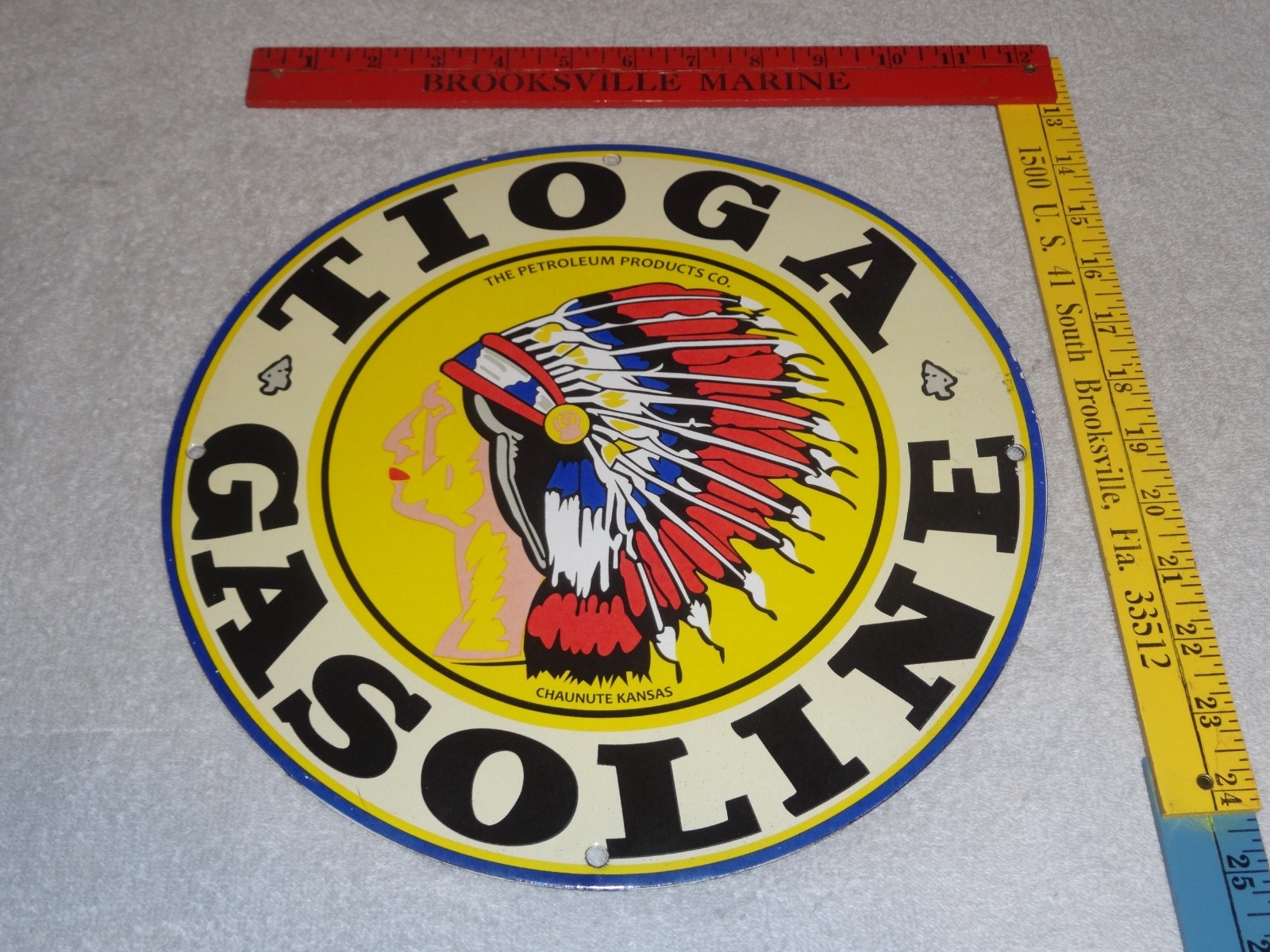 VINTAGE TIOGA GAS INDIAN CHIEF 11 3/4″ PORCELAIN METAL PETROLEUM PRODUCTS SIGN
