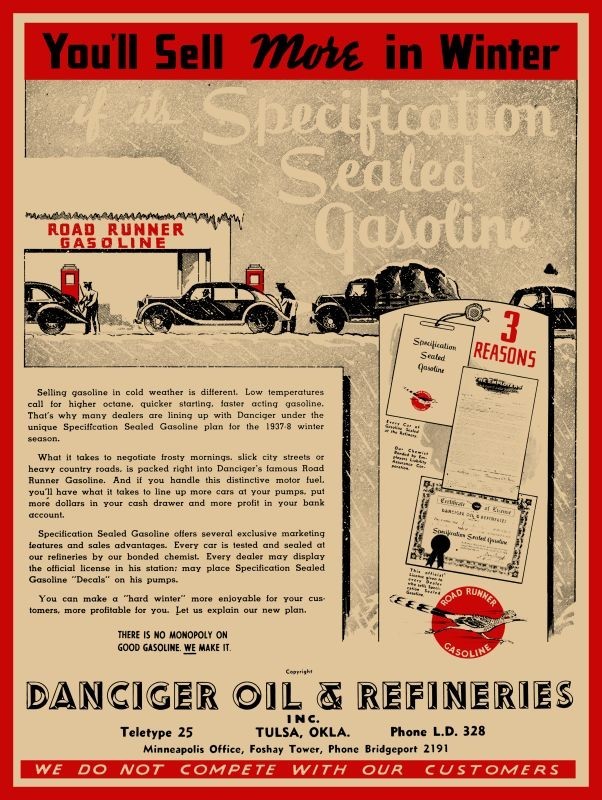 1937 DANCIGER Oil & Refineries of TULSA, Road Runner Gas New Metal Sign: 12×16″