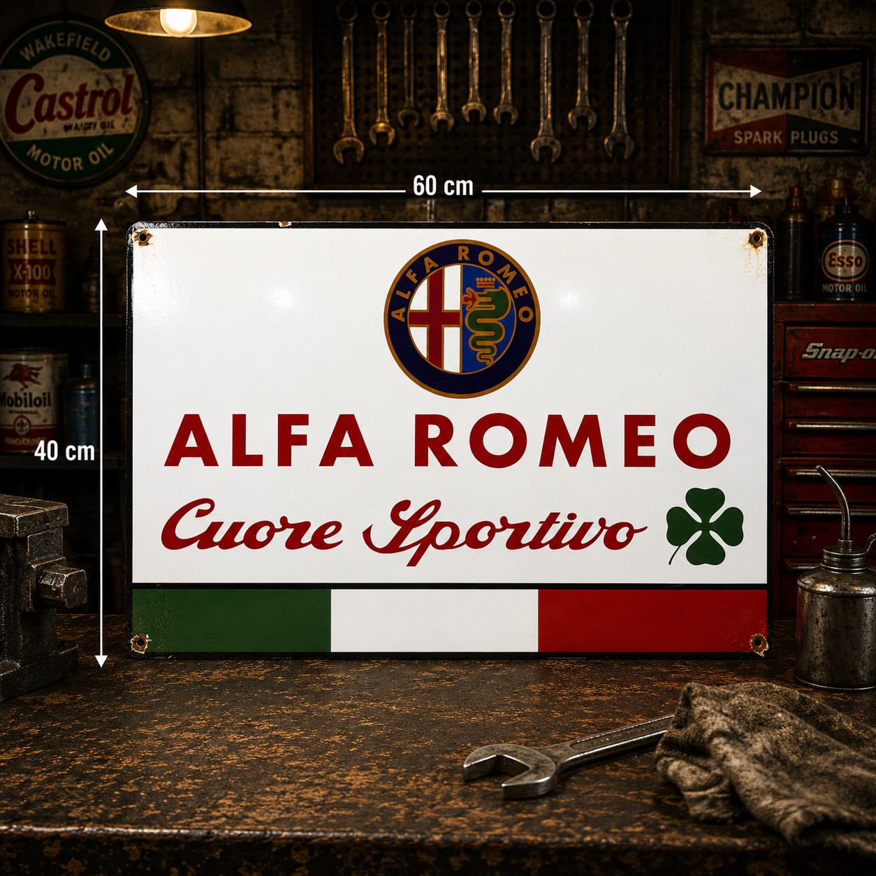 Rusty Alfa Romeo Cuore Sportivo Heavy Metal Sign – 60×40 cm (23.6” × 15.7”)