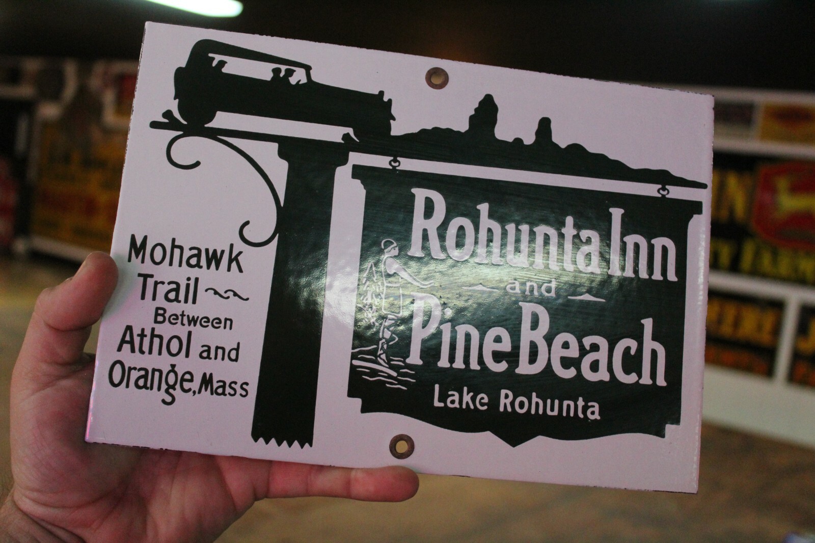MOHAWK TRAIL PINE BEACH ROHUNTA INN PORCELAIN METAL SIGN MASS GAS OIL CAMPING 66
