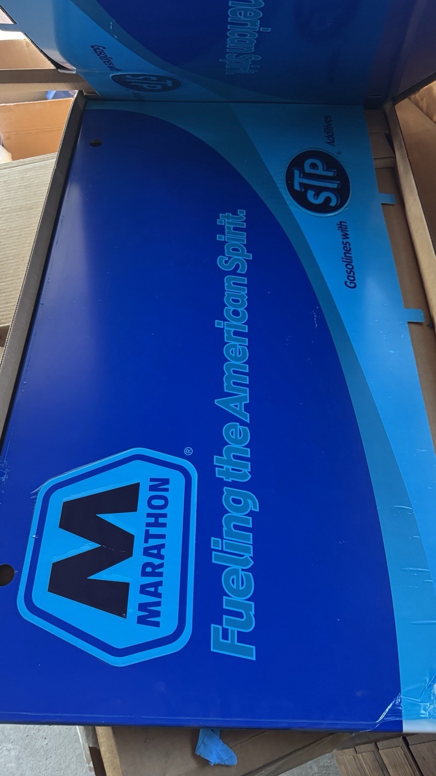 Marathon “Fueling the American Spirit” STP Gasoline Dispenser door Sign Blue