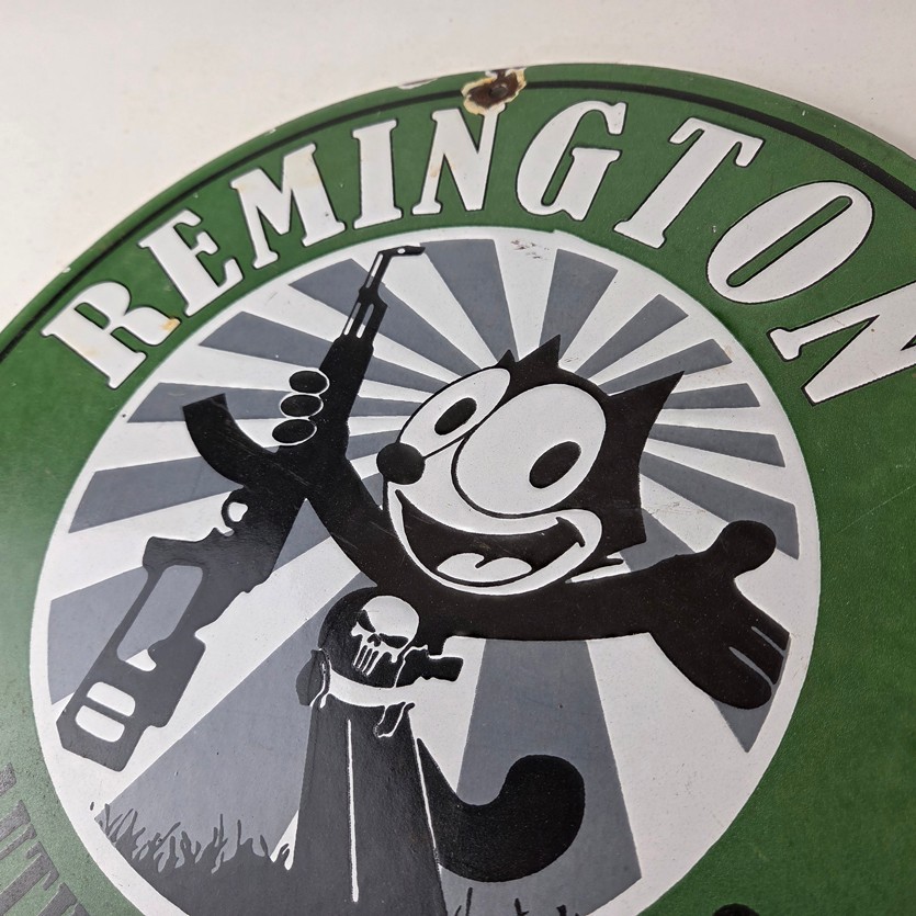 Vintage Remington Firearms Sign – Felix the Cat Dealer Gas Pump Porcelain Sign