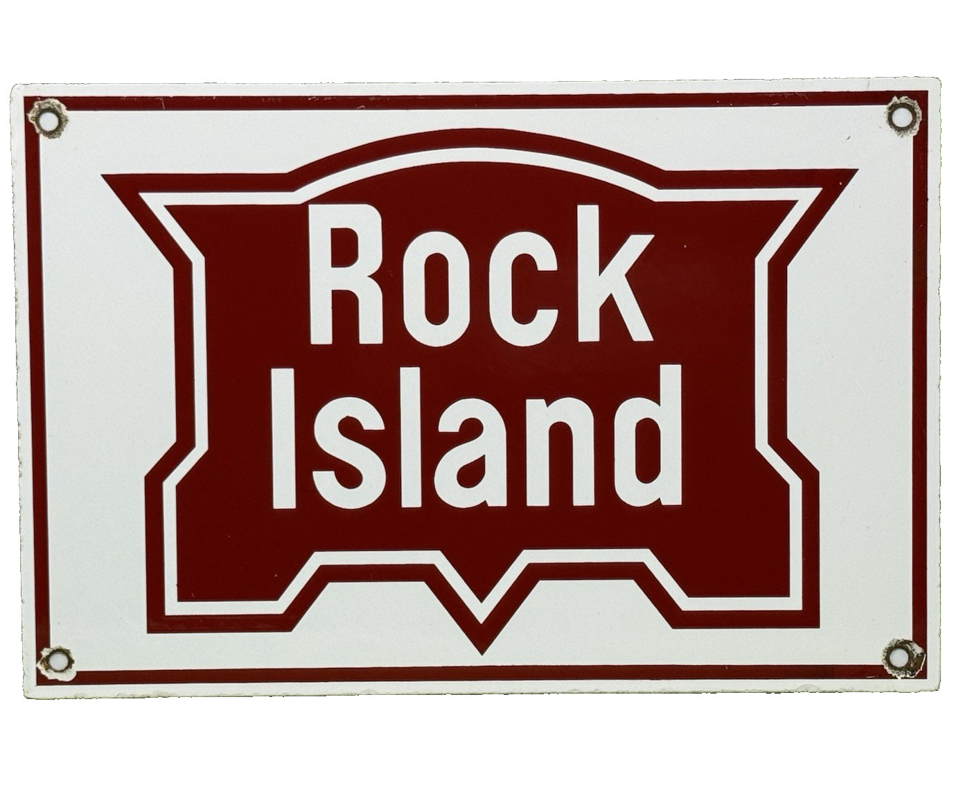 VINTAGE ROCK ISLAND RAILWAY PORCELAIN SIGN GAS OIL TRAIN STATION PUMP PLATE