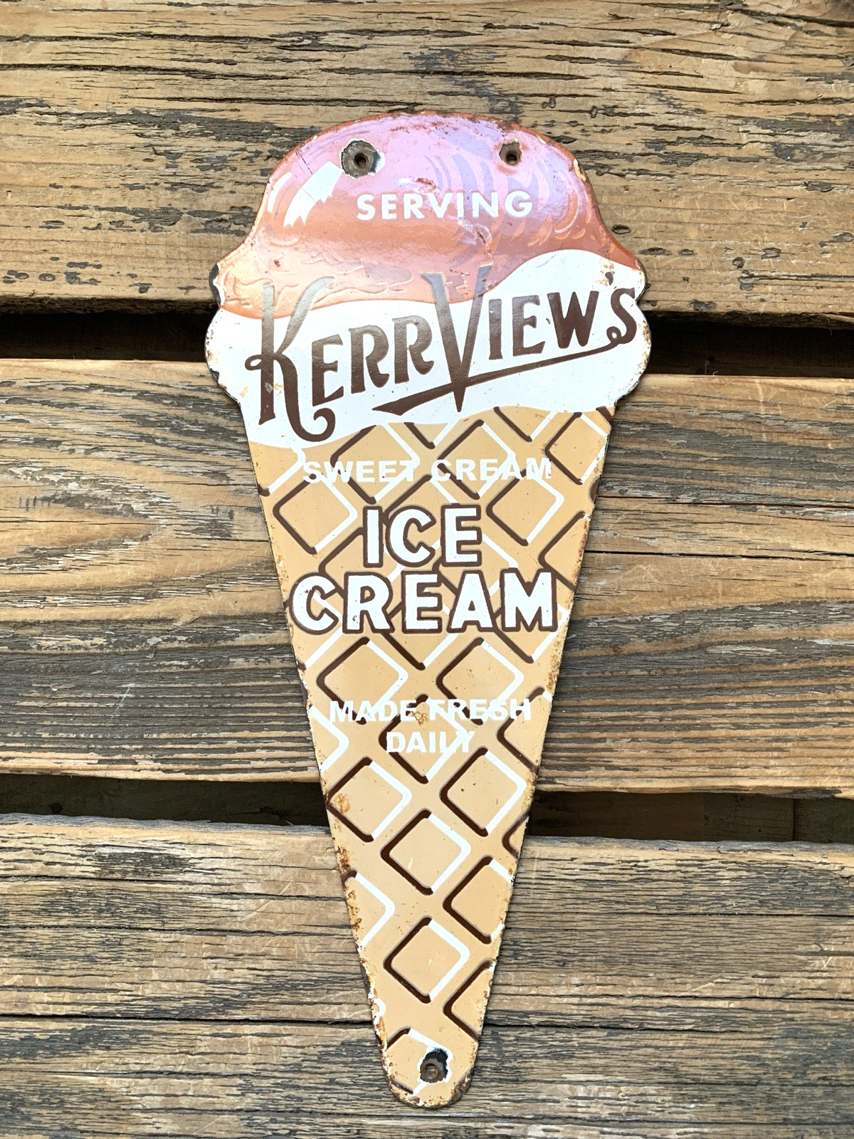 VINTAGE 12×5.5″ KERR VIEW’S ICE CREAM PORCELAIN GASOLINE OIL SODA POP GAS SIGN