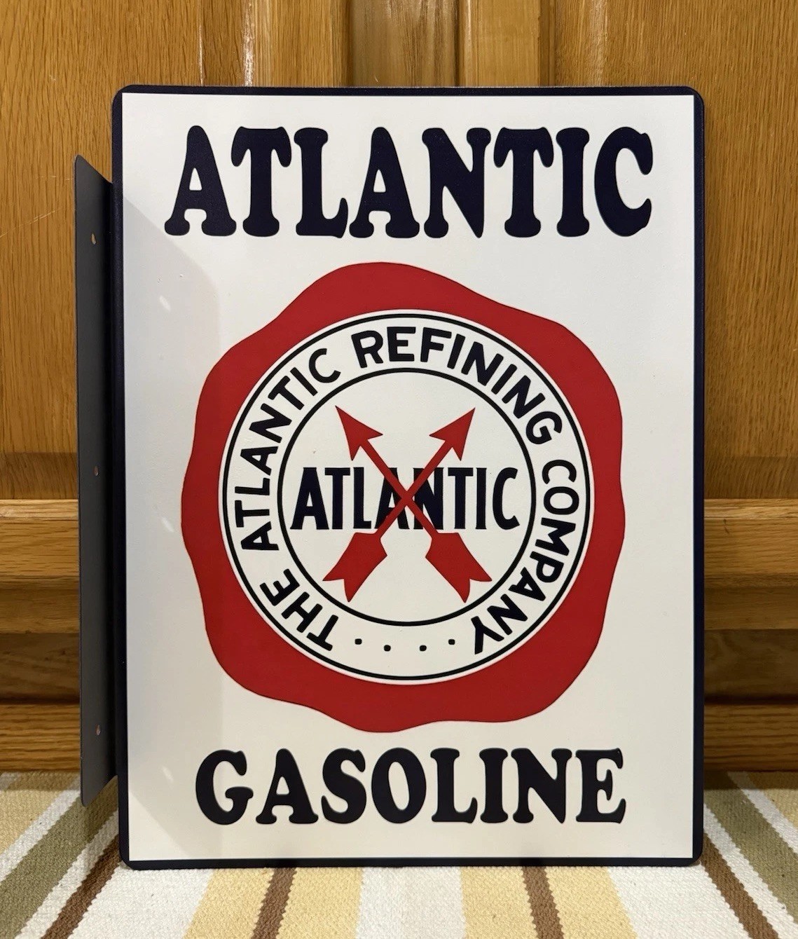 Atlantic Gasoline Motor Oil Flange Sign Double Sided Vintage Style Wall Decor