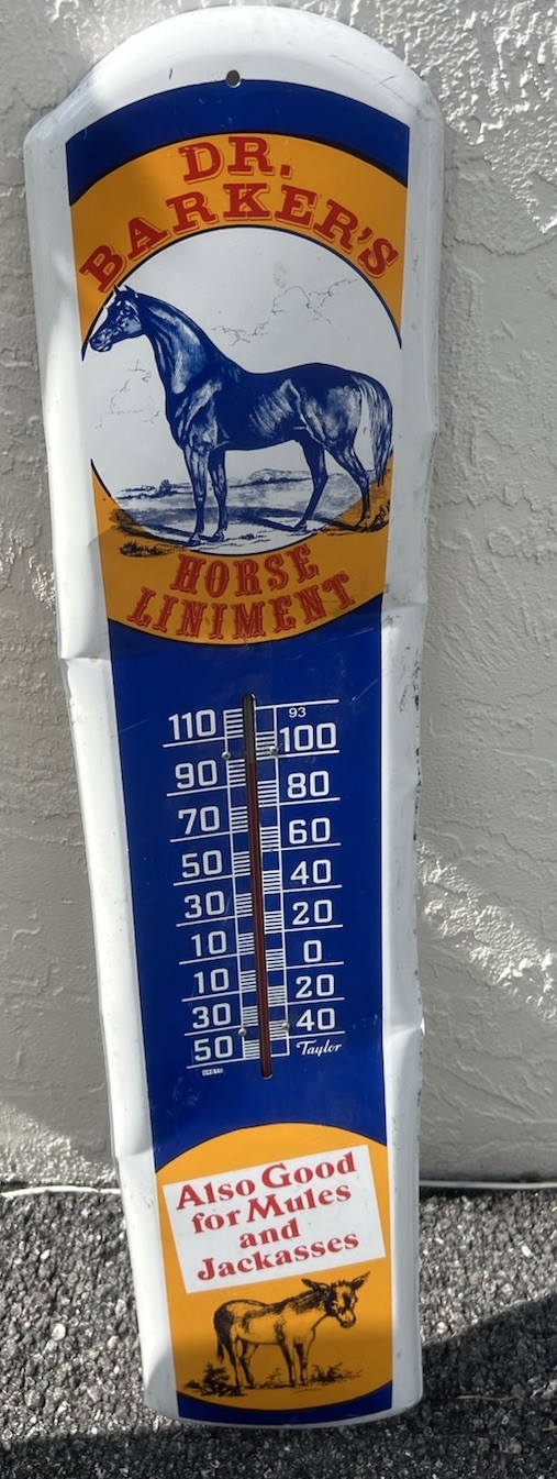 DR. BARKER’S Horse Liniment Metal Sign HORSE & DONKEY Thermometer 38”