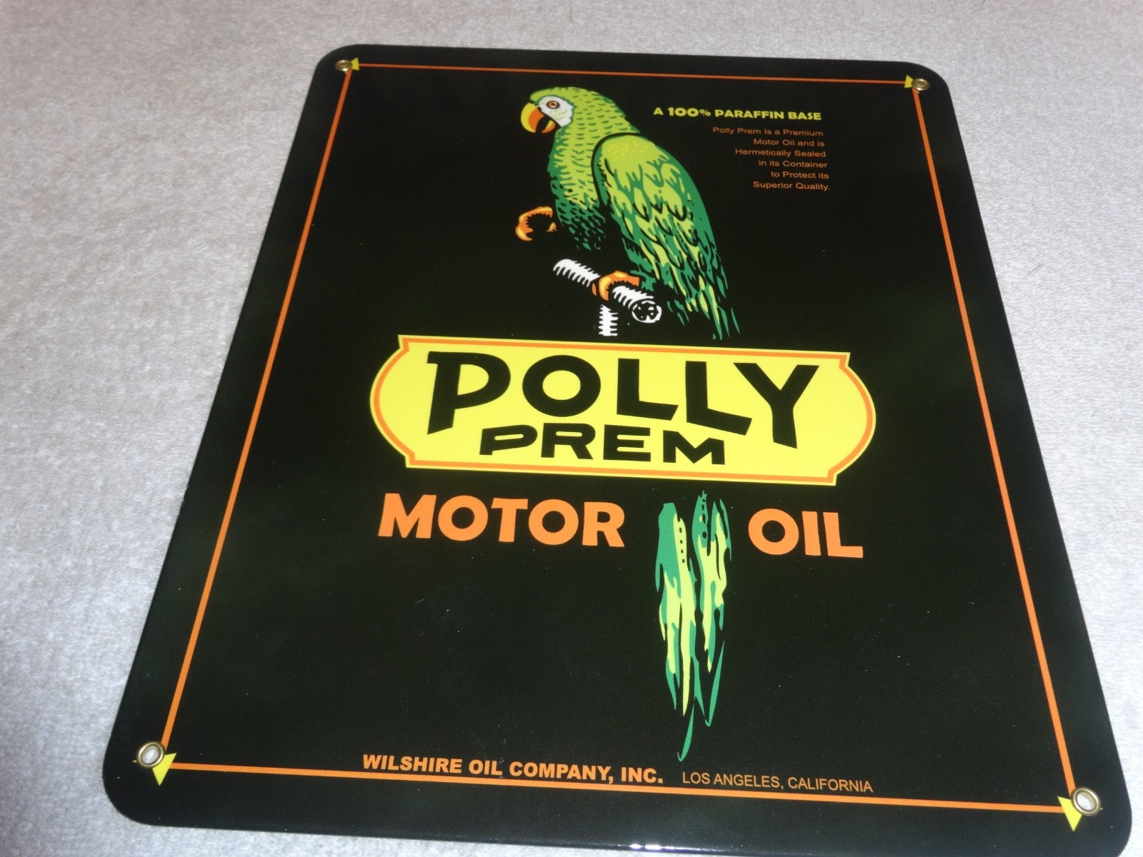 VINTAGE POLLY PREMIUM GASOLINE PARROT 12.5″ PORCELAIN METAL WILSHIRE CA OIL SIGN