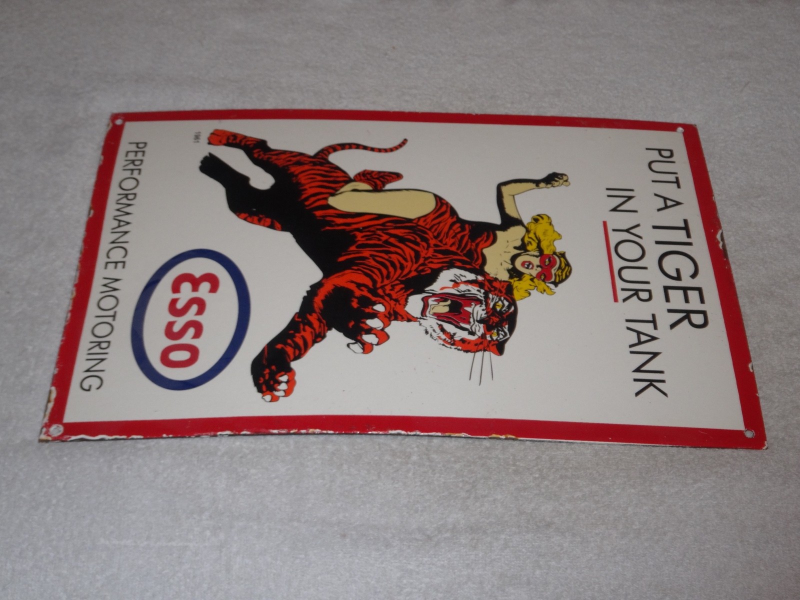 VINTAGE 1961 ESSO CAT WOMAN RIDES TIGER BATMAN & ROBIN MOVIE SHOW PORCELAIN SIGN